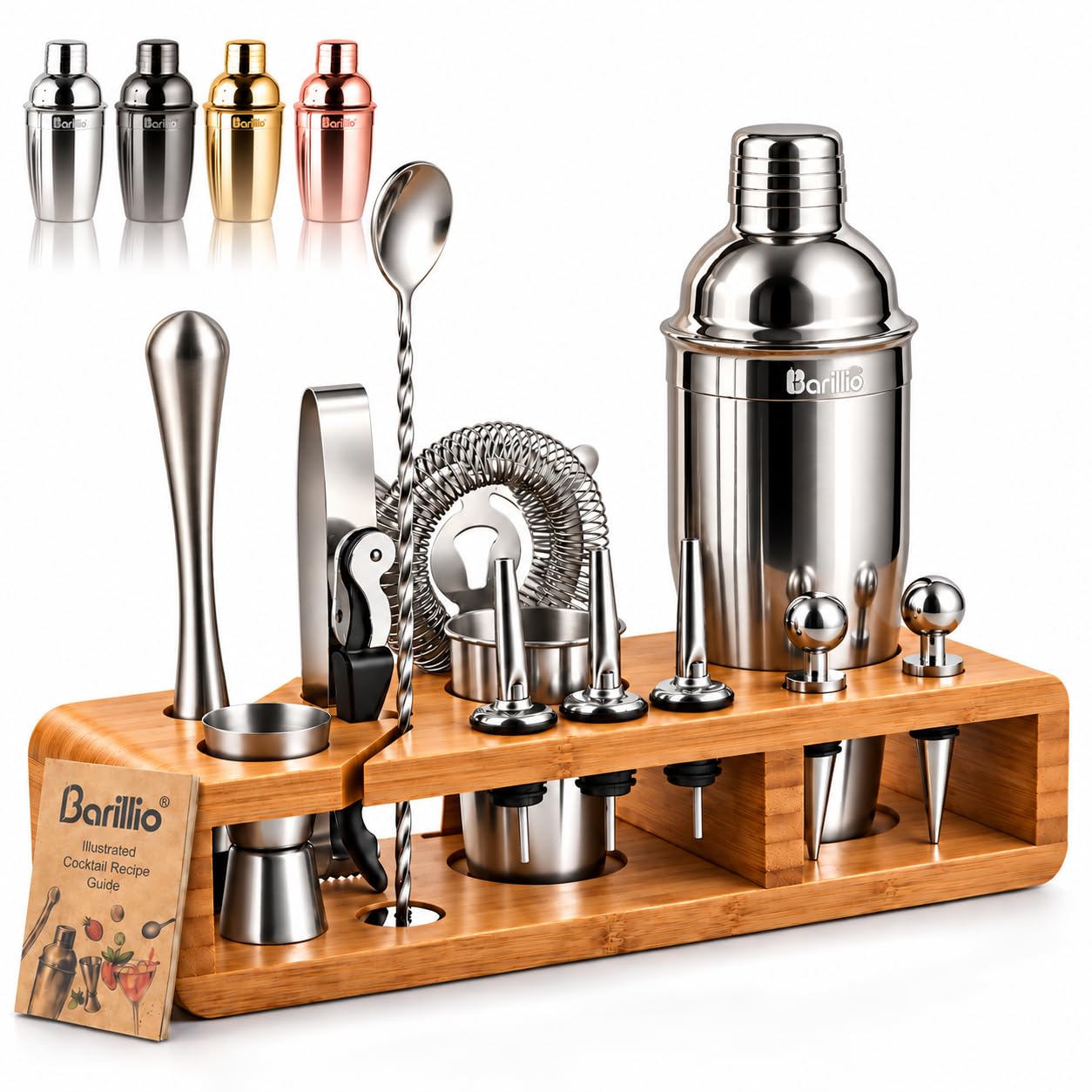 Barillio Bartender Kit - Stainless-Steel Cocktail Shaker Set w/Bamboo Stand - Mixology Bar Tools w/Drink Shaker, Mixer Spoon &amp; Muddler for Cocktails - Home Bar Accessories - 23-Pc Bar Set - Silver
