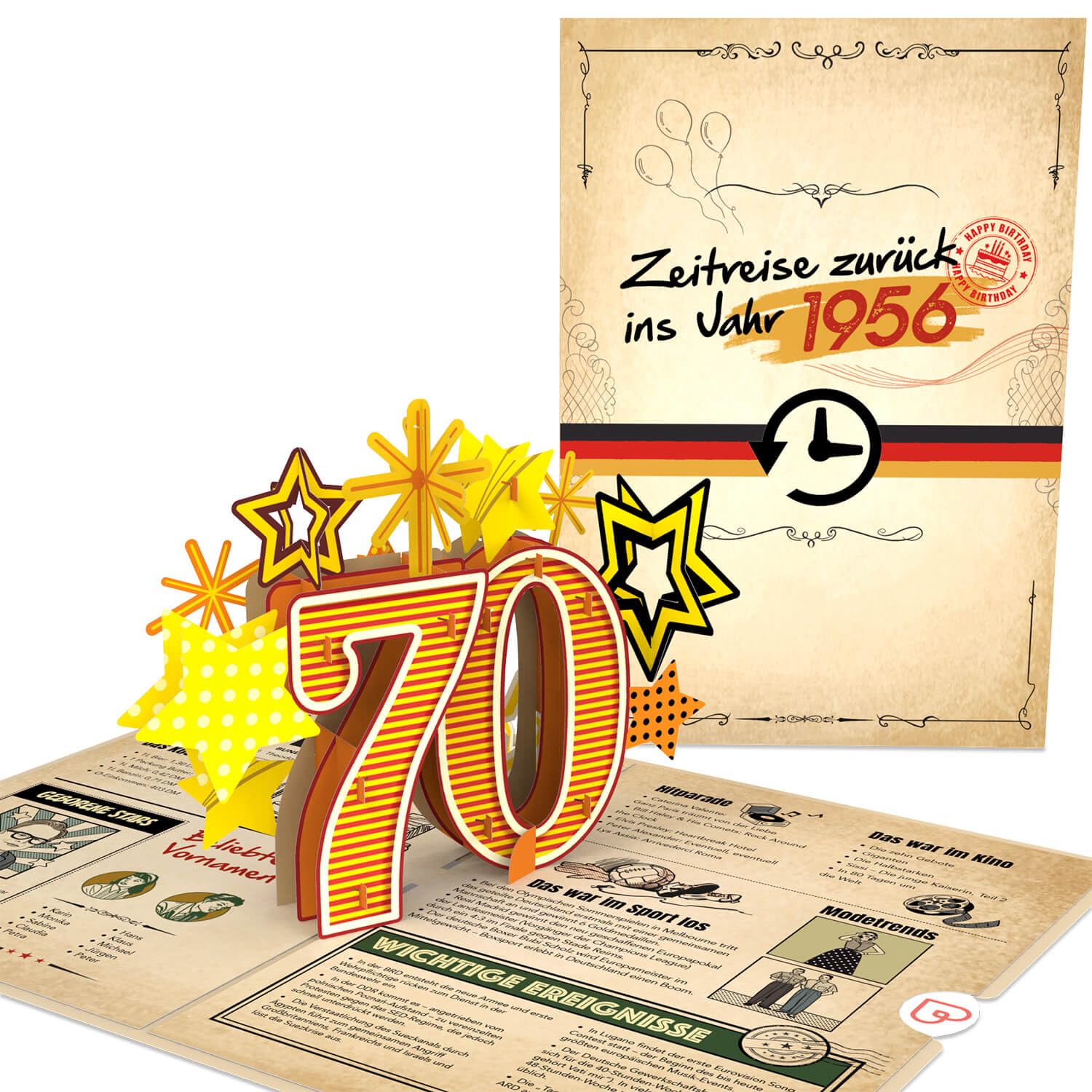 papercrush® Pop-Up Karte „Zurück ins Jahr 1956“ - Lustige 3D Geburtstagskarte zum 70. Geburtstag für Frau & Mann - Besondere Glückwunschkarte 70 Jahre mit lustigen Fakten zum Jahrgang