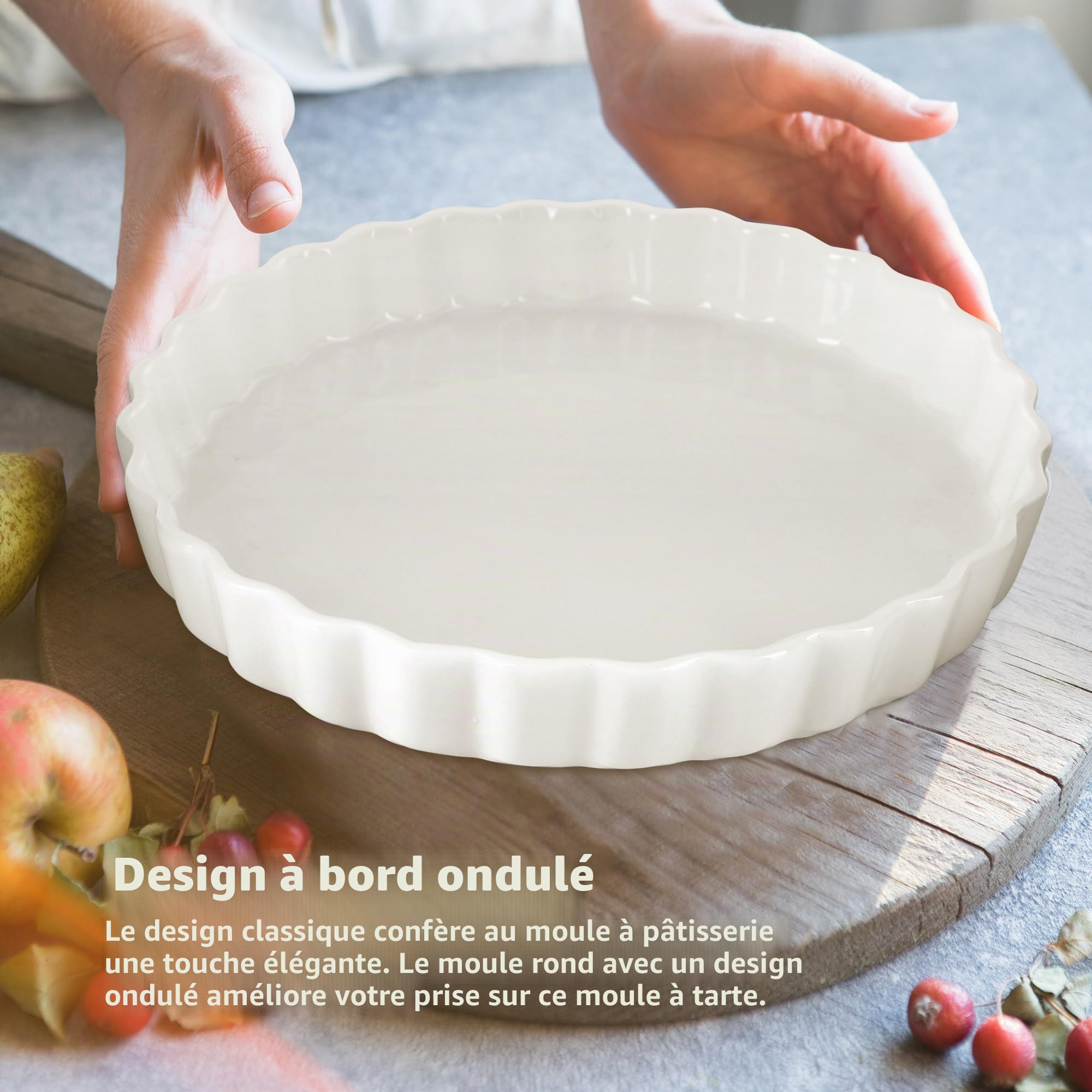 Plat à quiche en céramique pour le four, 22 cm, moule à tarte pour la cuisson de tarte rond anti-adhésif blanc,