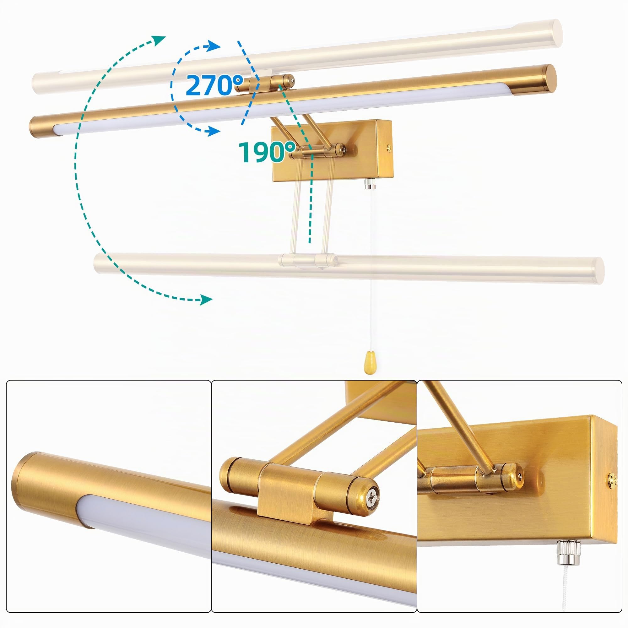 LED Applique Parete Lampada 60cm 12W Illuminazione Specchio da Bagno IP44 3000K Ottone Braccio dritto Regolabile Portalampada Luce Dell'immagine Luci Lettura Comodino Con Tirare l'interruttore