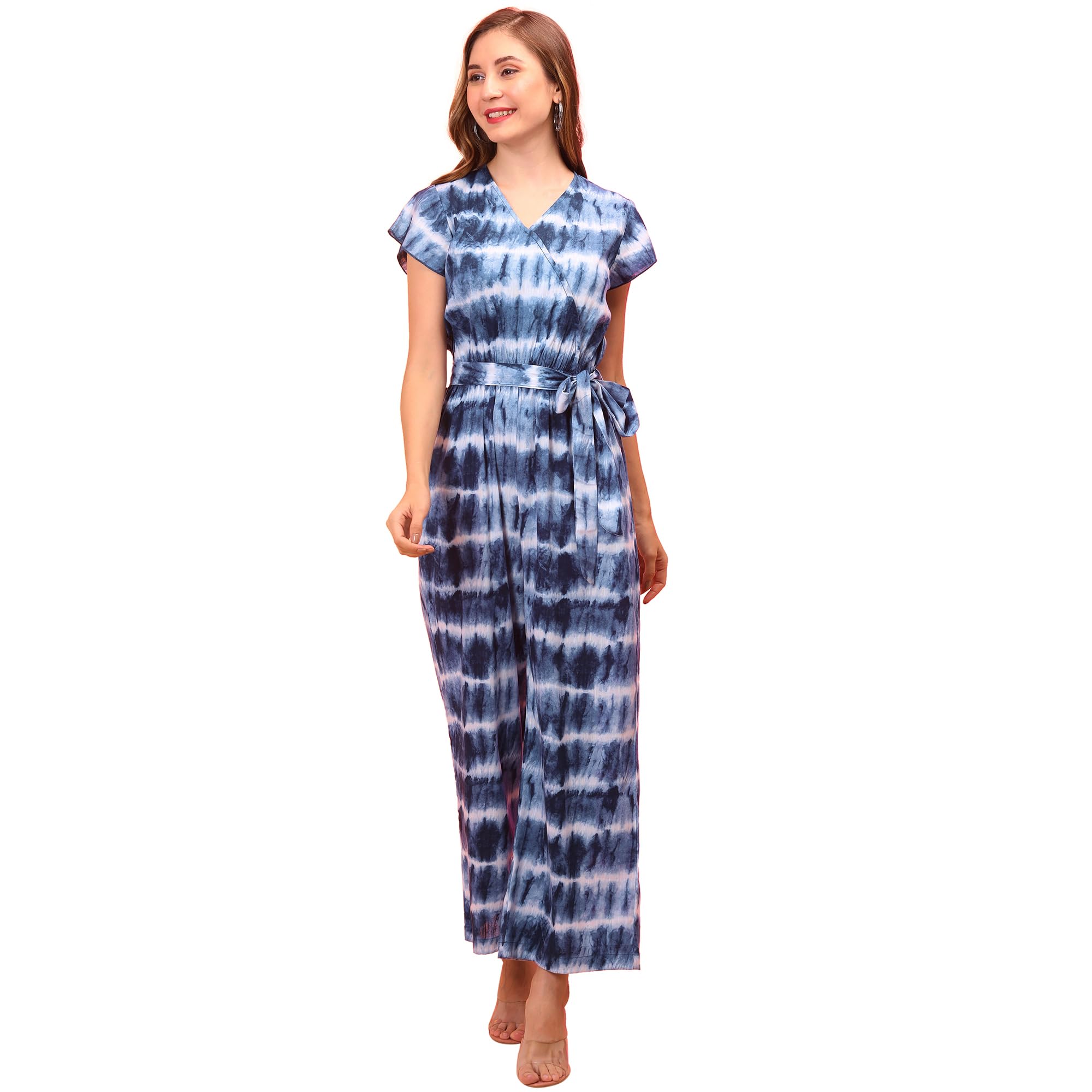 Women Wrap Neck Cap Sleeves Waist Tie-Up Wide-Leg Jumpsuit-image-22