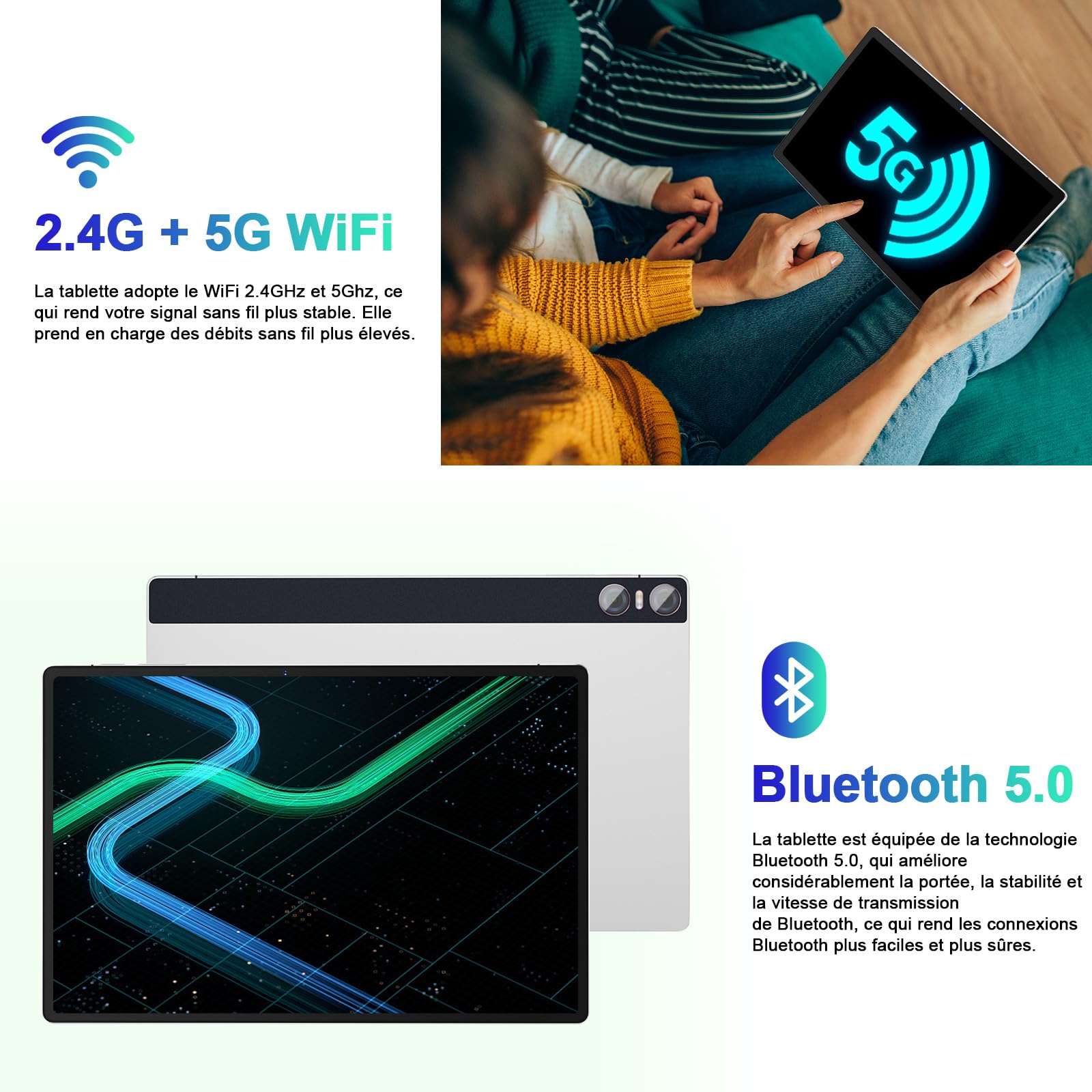 Tablette 11 Pouces Gemini AI Android 16 Go RAM+256 Go ROM (TF 2 to), Tablette Tactiles avec Processeur Octa-Core 2.0 GHz, 5G WiFi,BT5.0,10000mAh, 8+20MP, Tablette - Argenté