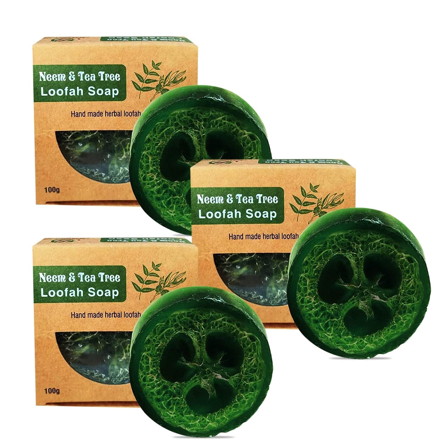HERBOGANIC Natural Handmade Neem & Tea Tree Loofah Soap Exfoliating, and Moisturizing with Herbal and Essential Oils for Sensitive Skin(Pack of 3)…