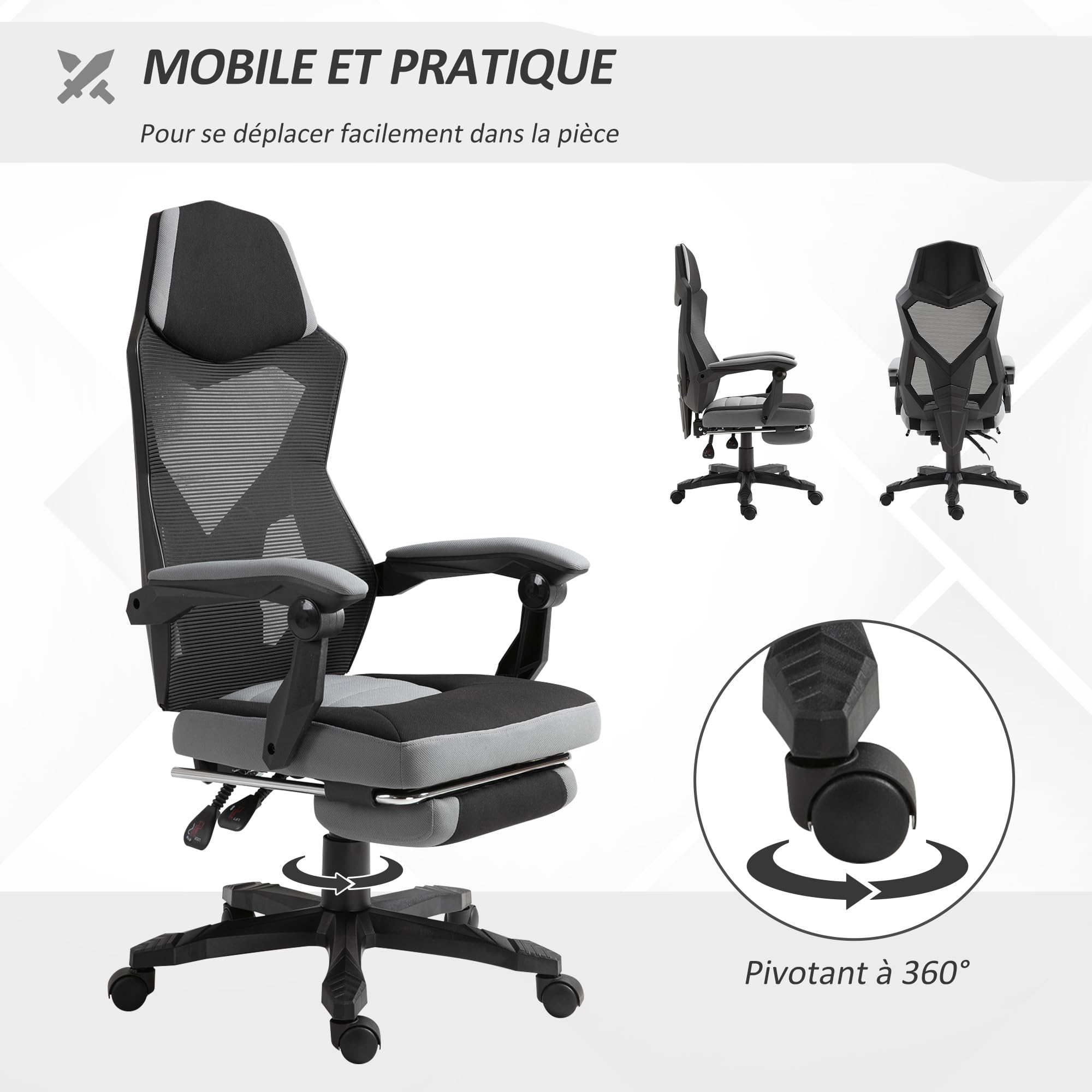 Vinsetto Silla Ergonómica Oficina, Respaldo Alto, Malla, Reclinable, Gris