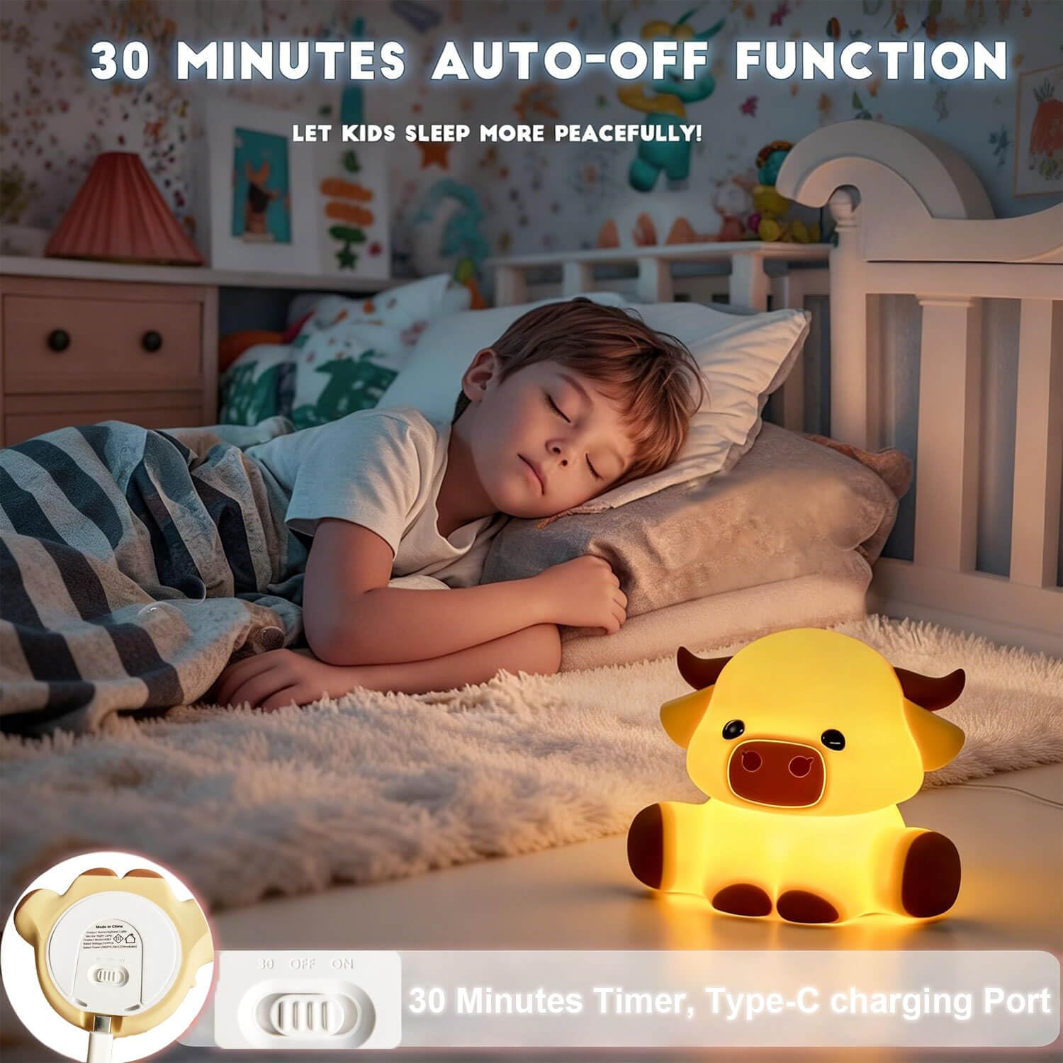 Rinder-Nachtlicht für Kinder, quetschbares Silikon, 3-stufig dimmbar, Touch-Steuerung, niedliches Nachtlicht mit Timer, tragbares USB-wiederaufladbares Kinderzimmer, rosa Nachtlampe