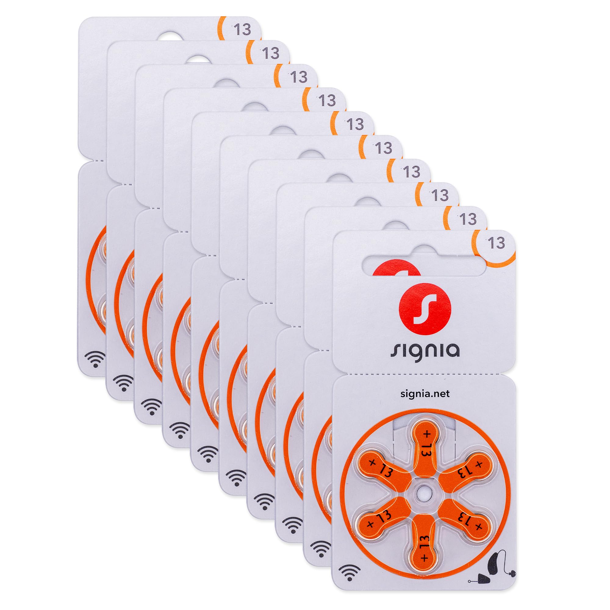 Siemens-Signia Lot de 120 piles pour appareils auditifs, type 13, orange, fabriquées en Allemagne, avec chiffon de nettoyage, sans fil, sans mercure