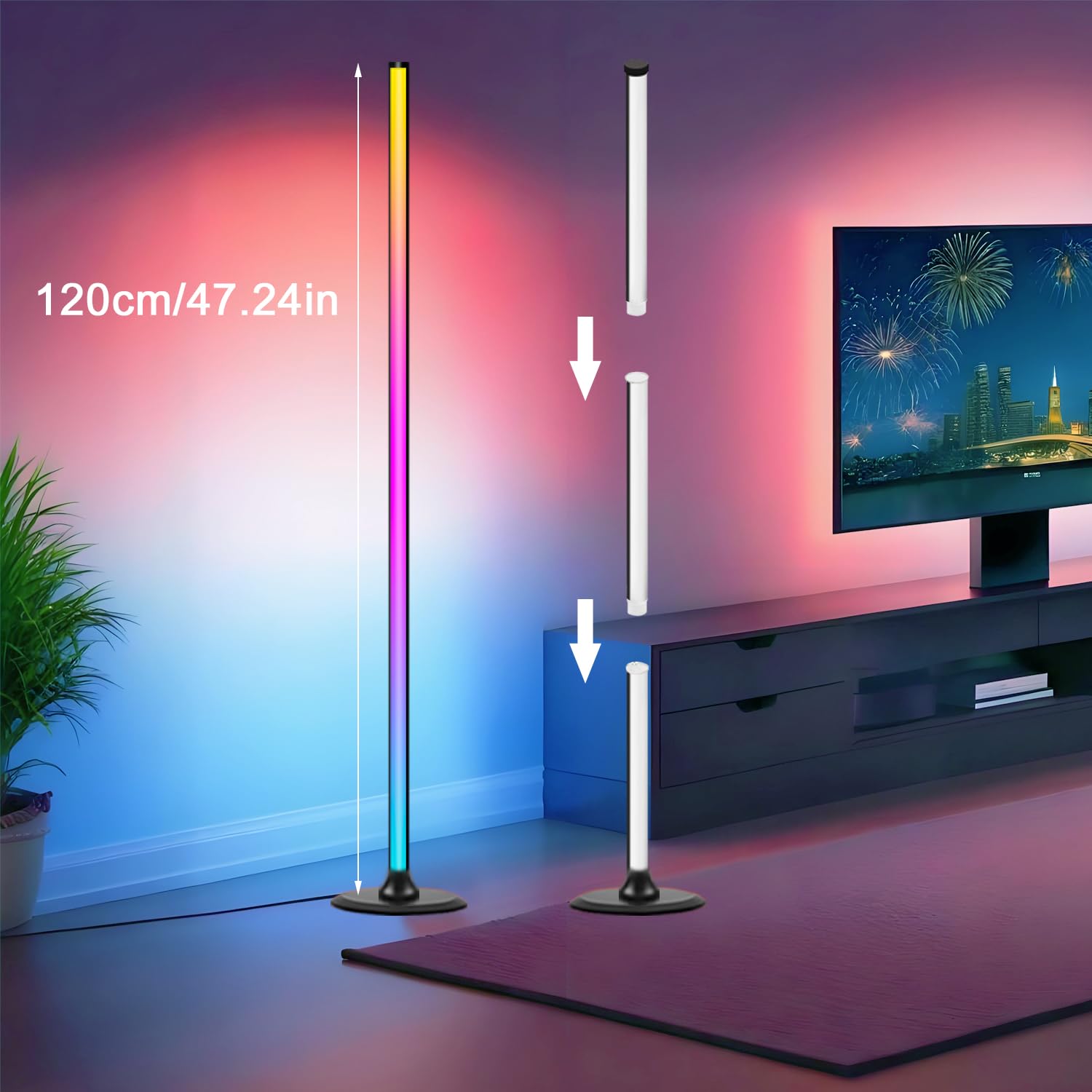 Lampe sur Pied LED 1 Pièces 1,2 m–Lampadaire Dimmable RGBW pour Salon avec Télécommande et Application,16 Millions de Couleurs,Sync musique,234 Modes Dynamiques,33 Modes Thématiques–Noir