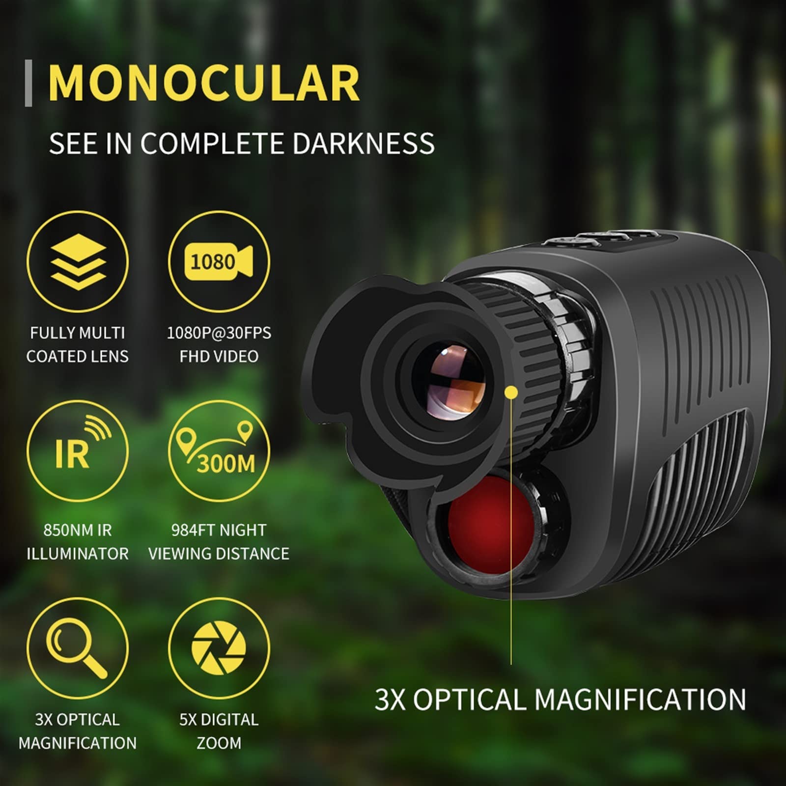 Alcance De VisióN Nocturna, 1080P HD Monocular Dispositivo de visión nocturna Infrarrojo 5x Zoom digital Caza Telescopio Exterior Día Noche Doble uso Full Dark 300m Para Vigilancia U ObservacióN Noctu