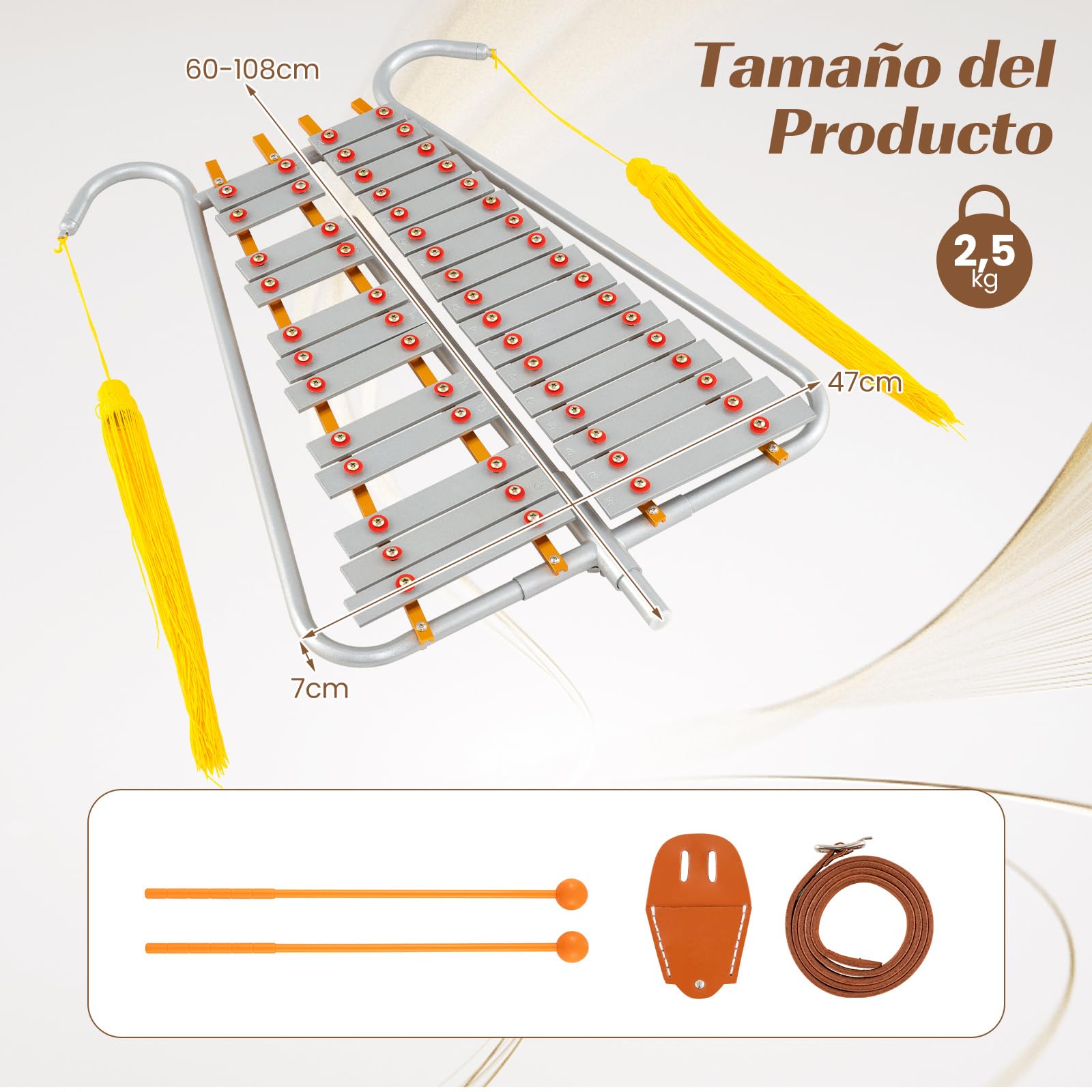 COSTWAY Xilófono Escolarcon Mango Ajustable, Kit de Campana Glockenspiel de 29 Notas para Adultos, 2 Mazos y Cinturón, Instrumento de Percusión Educativo para Principiantes y Profesionales, Plateado