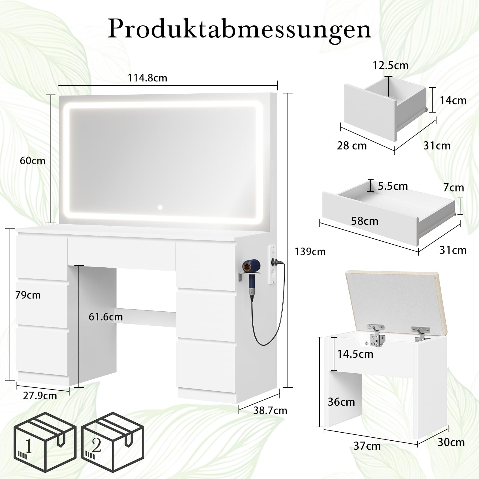 Devoko Schminktisch mit Beleuchtung und Hocker, 115cm Schminktisch mit Spiegel, 7 Schubladen & Steckdose, Moderner Frisiertisch mit LED Licht, Makeup Tisch mit Stuhl, Weiß