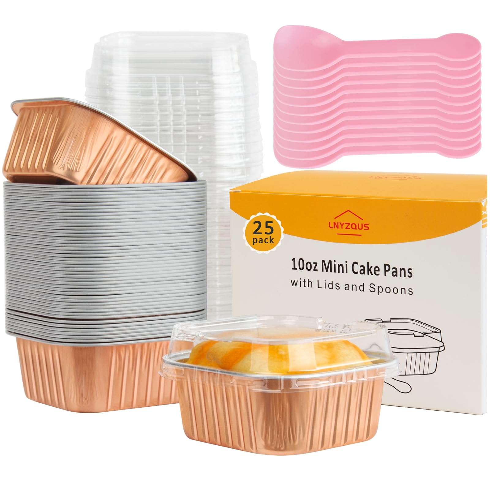 Photo 1 of *** USED AND MINOR DAMAGE SOME BENT *** LNYZQUS Mini Cake Pans with Lids 25 Pack,10oz Small Foil Baking Cups Disposable Square Muffin Tins, Individual Cupcake Containers 4” Brownie Pan for Thanksgiving Baking Gifts-Champagne