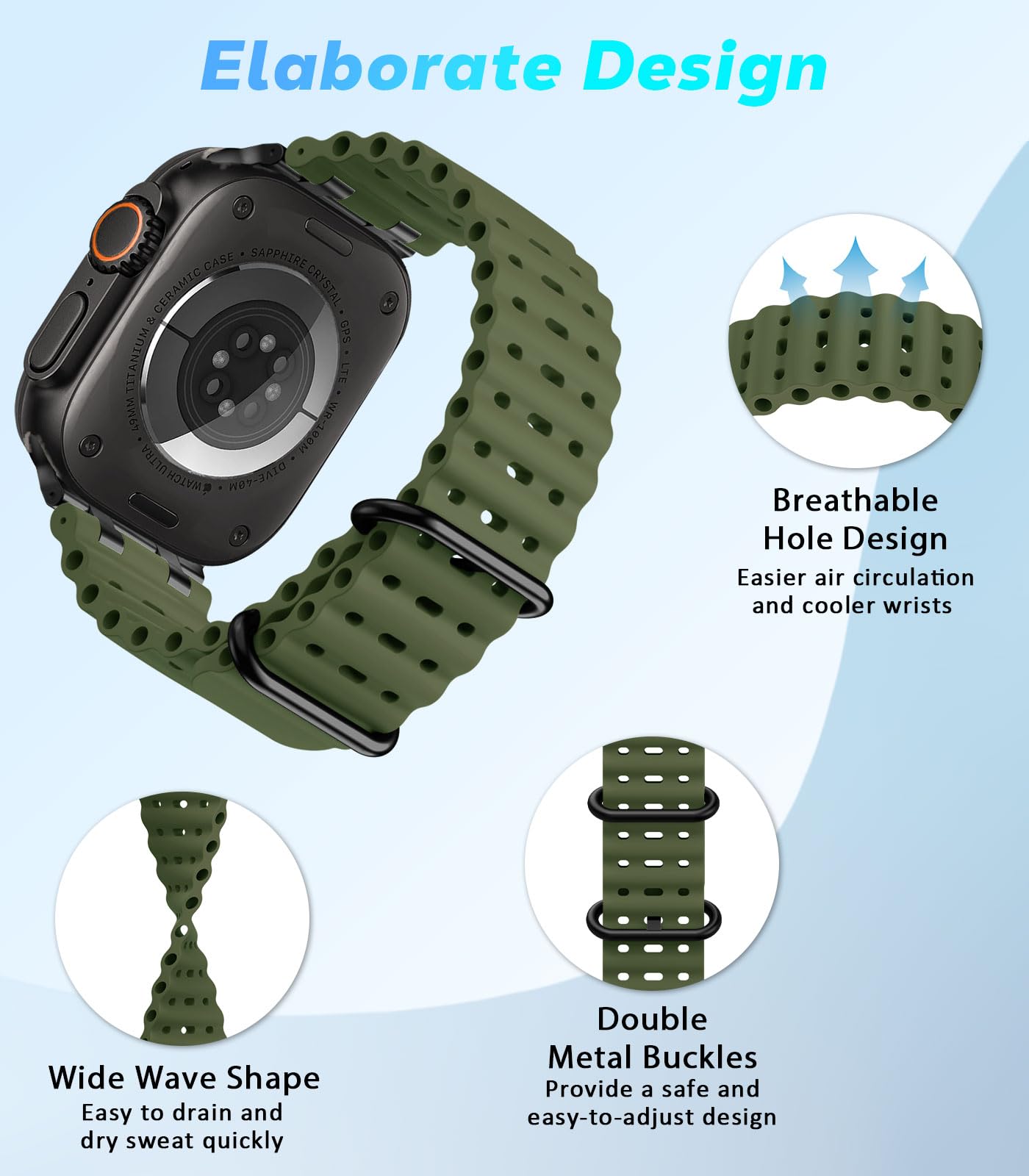 Astorgos Cinturino Ocean compatibile con Apple Watch Ultra 2/Ultra 49mm, S10 46mm, 9/8/7 45mm, SE/6/5/4 44mm, 3/2/1 42mm, Cinturini Sportivo con Connettore in Metallo per Uomo e Donna