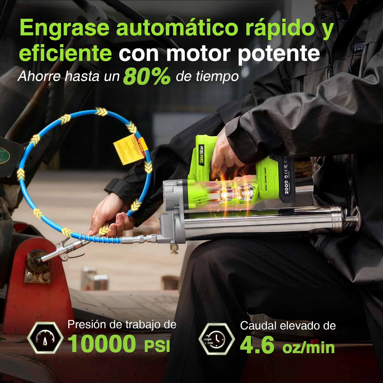 TaskStar Engrasadora Bateria de Alta Eficiencia: 10000 PSI Pistola de Engrase con 2*Baterías de 2,0 Ah, Boquilla Engrasadora de Desenganche Rápido, para Agricultores y Propietarios de Equipos
