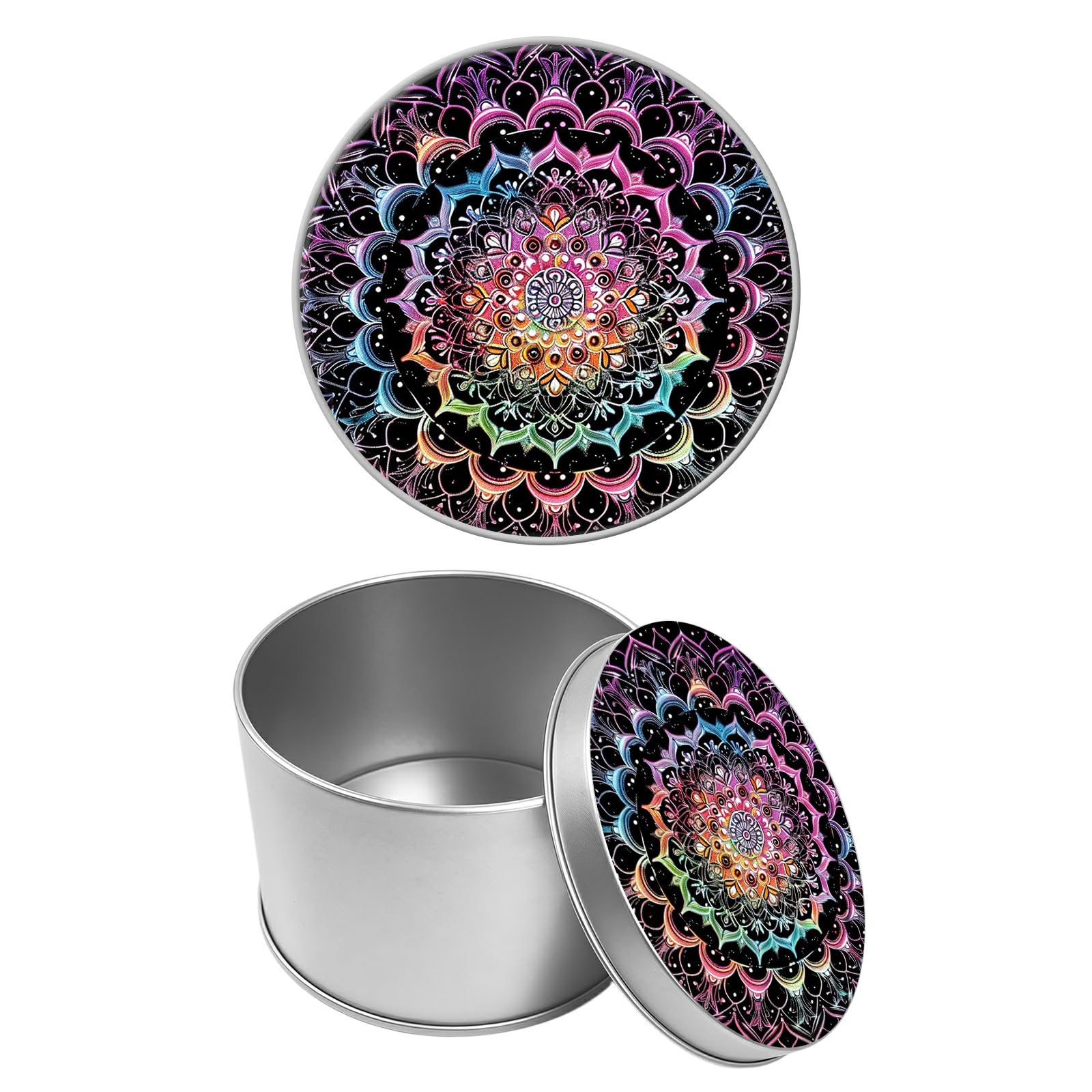 Round Metal Tin Container with Removable Lid, Colorful Mandalas Durable Metal Storage Box for Cookies Spices Tea Candies Cakes Jewelry Cosmetics 3.54 x 2.36 inch– Single Pack