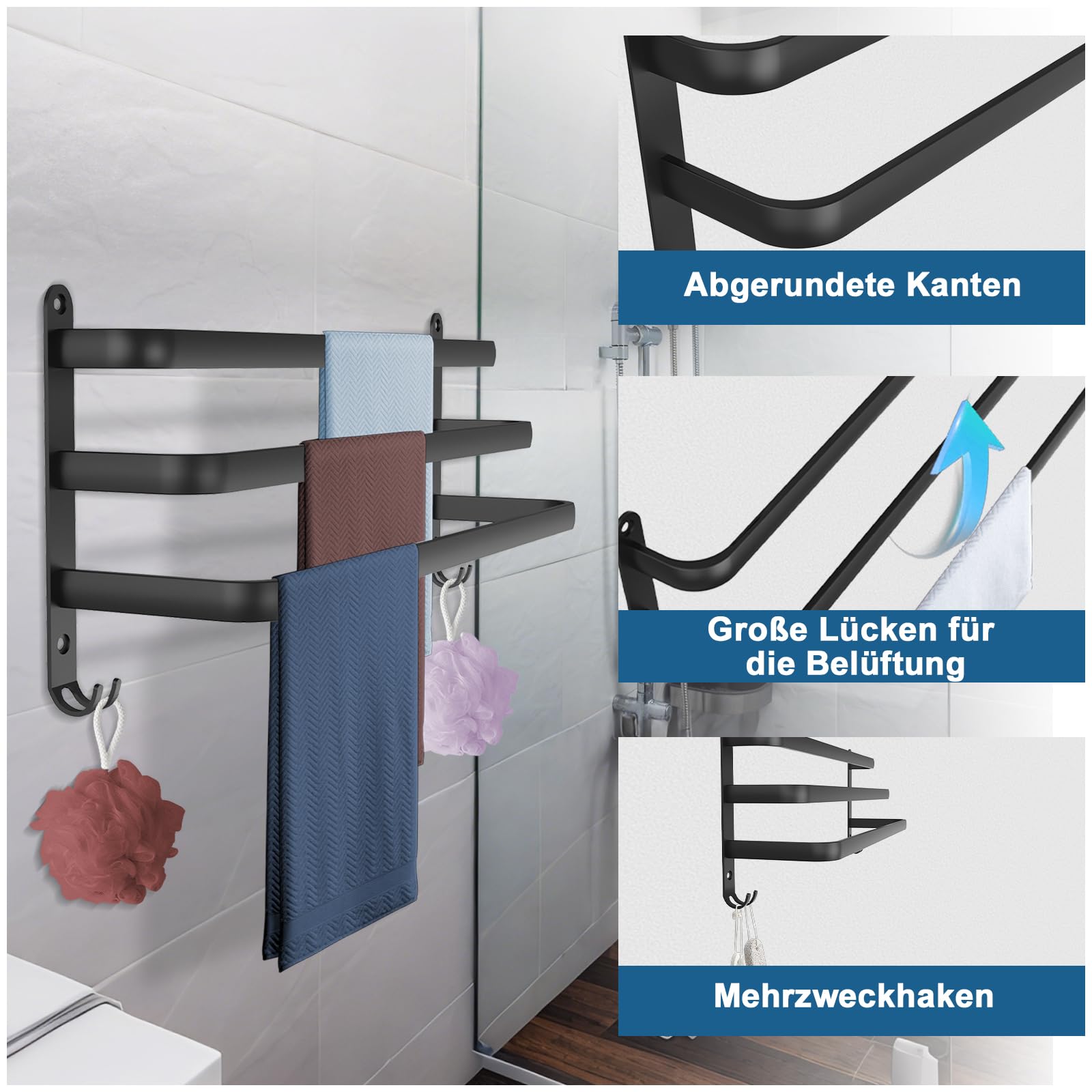 Toallero negro 80 cm, toallero sin taladrar, toallero de aluminio, montaje en pared, barra de 3 pisos con ganchos, toallero para baño, cocina, baño, accesorios