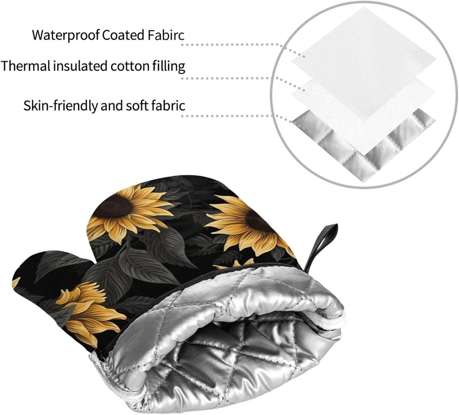 (Sunflowers Printed) Baking 4-Piece Set: 2 Oven Mitts and 2 Pot Holders Heat Resistant Waterproof Hanging Loop for Kitchen Oven Grill Housewarming Gifts