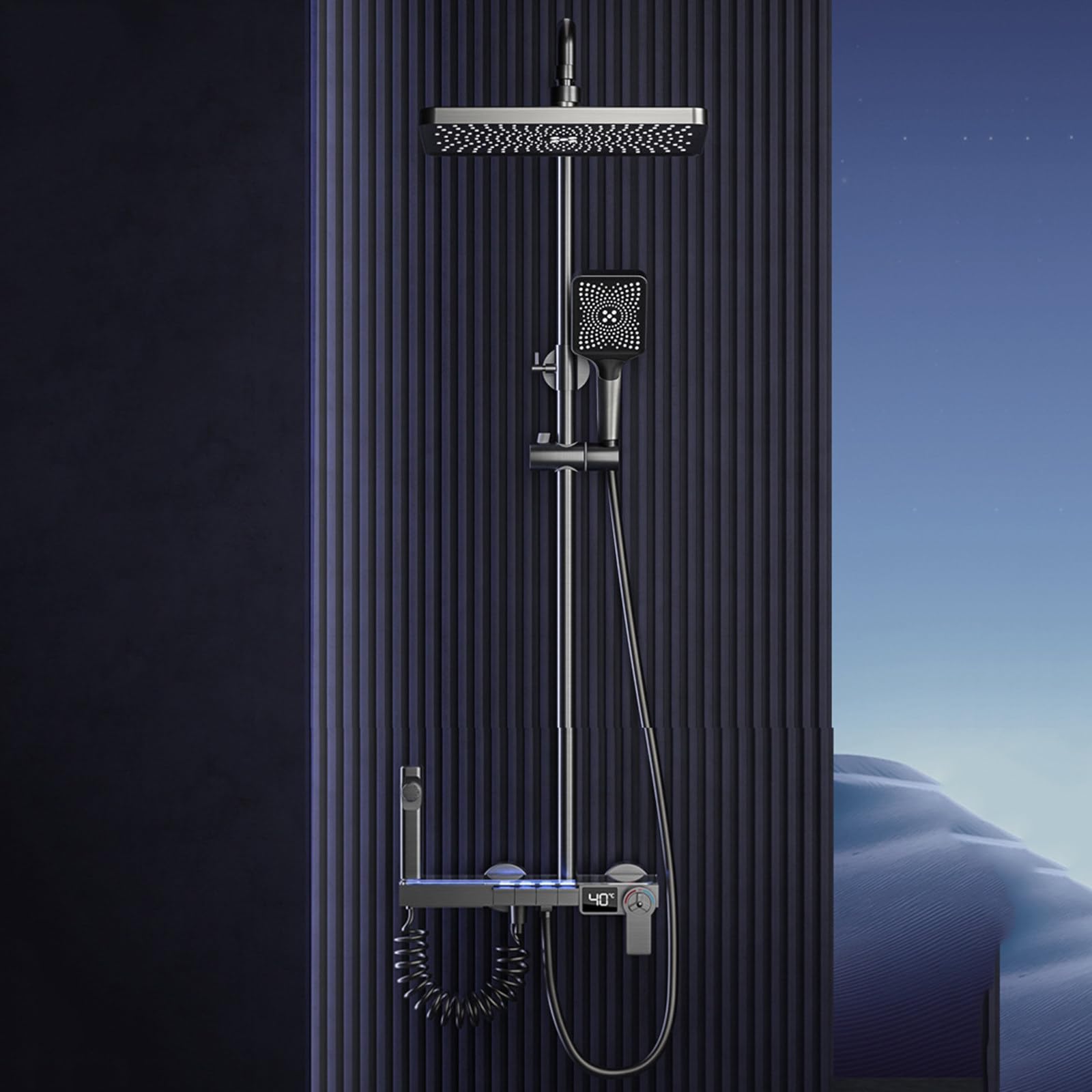 Set Rubinetto Doccia Systemtatic con Display della Temperatura, 4 funzioni, soffione a Pioggia da 12", doccetta, spruzzatore per Bidet, beccuccio per Vasca, Grigio Canna di Fucile