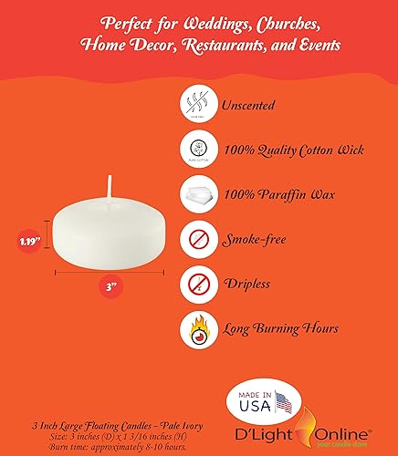 D'light Online Paquete de 24 velas flotantes grandes de 3 pulgadas para eventos, bodas, spa, decoración del hogar, ocasiones especiales y