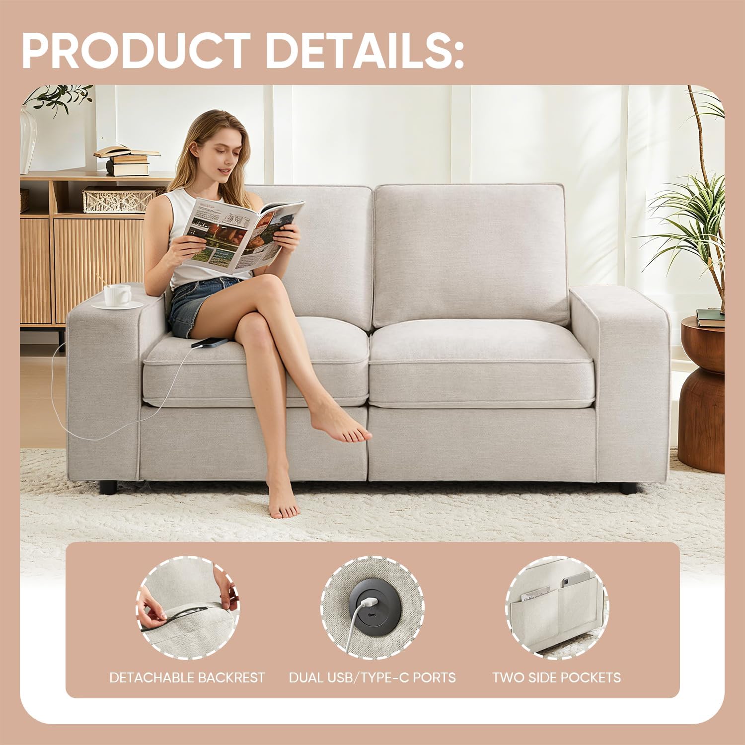 Waxberry 71" Chenille Loveseat Sofa Couch for Living Room with Seat Storage, Modern 2-Seater Deep Seat Sofa with Side Pockets & Type-C/USB Ports, Detachable Backrest for Office, Apartment (Beige)