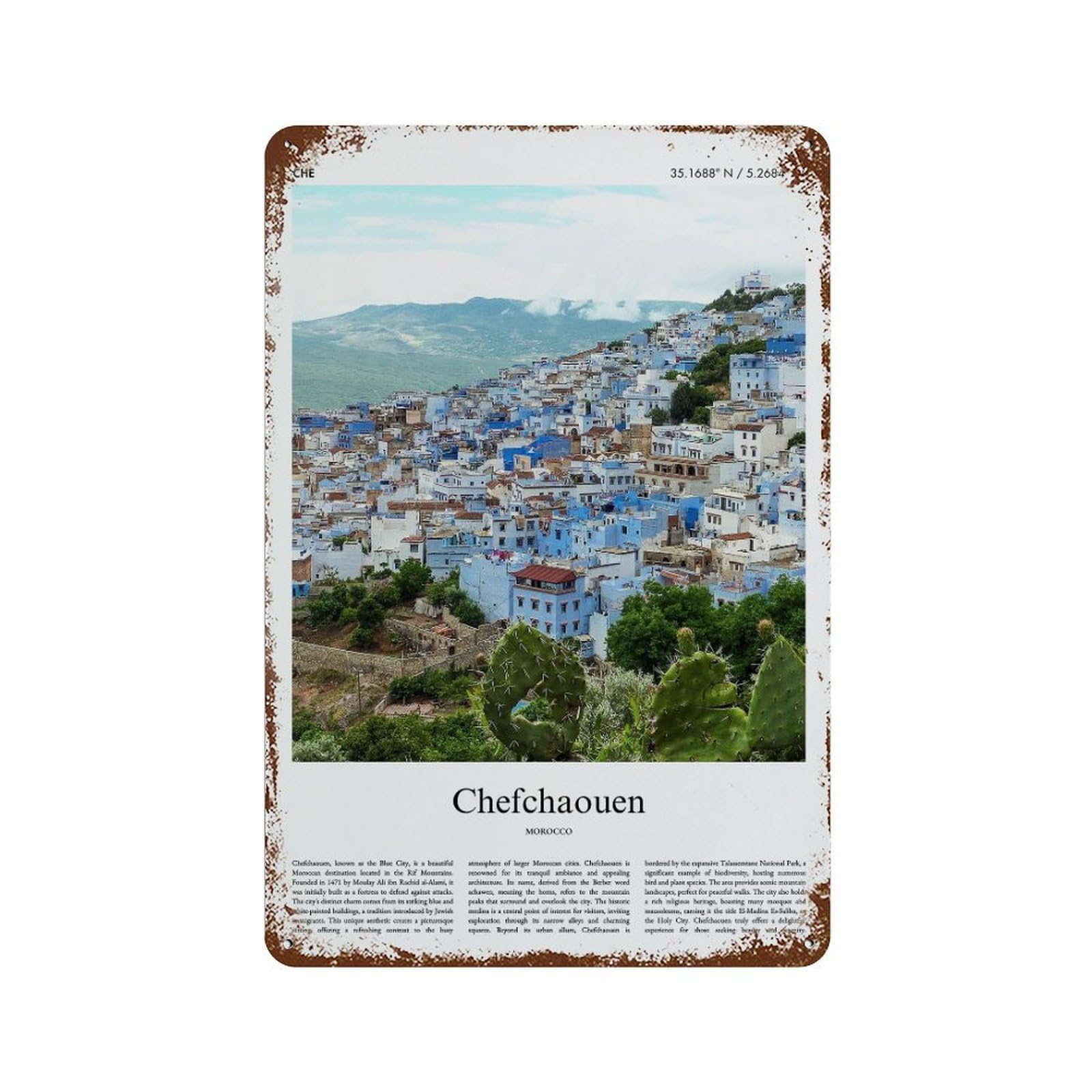 xiaoxiaoshen Chefchaouen Morocco City Scenery Wall Decor Art Metal Tin Poster Modern Home Decor Art Home Bar Shop Decorations Vintage Sign 30x20cm