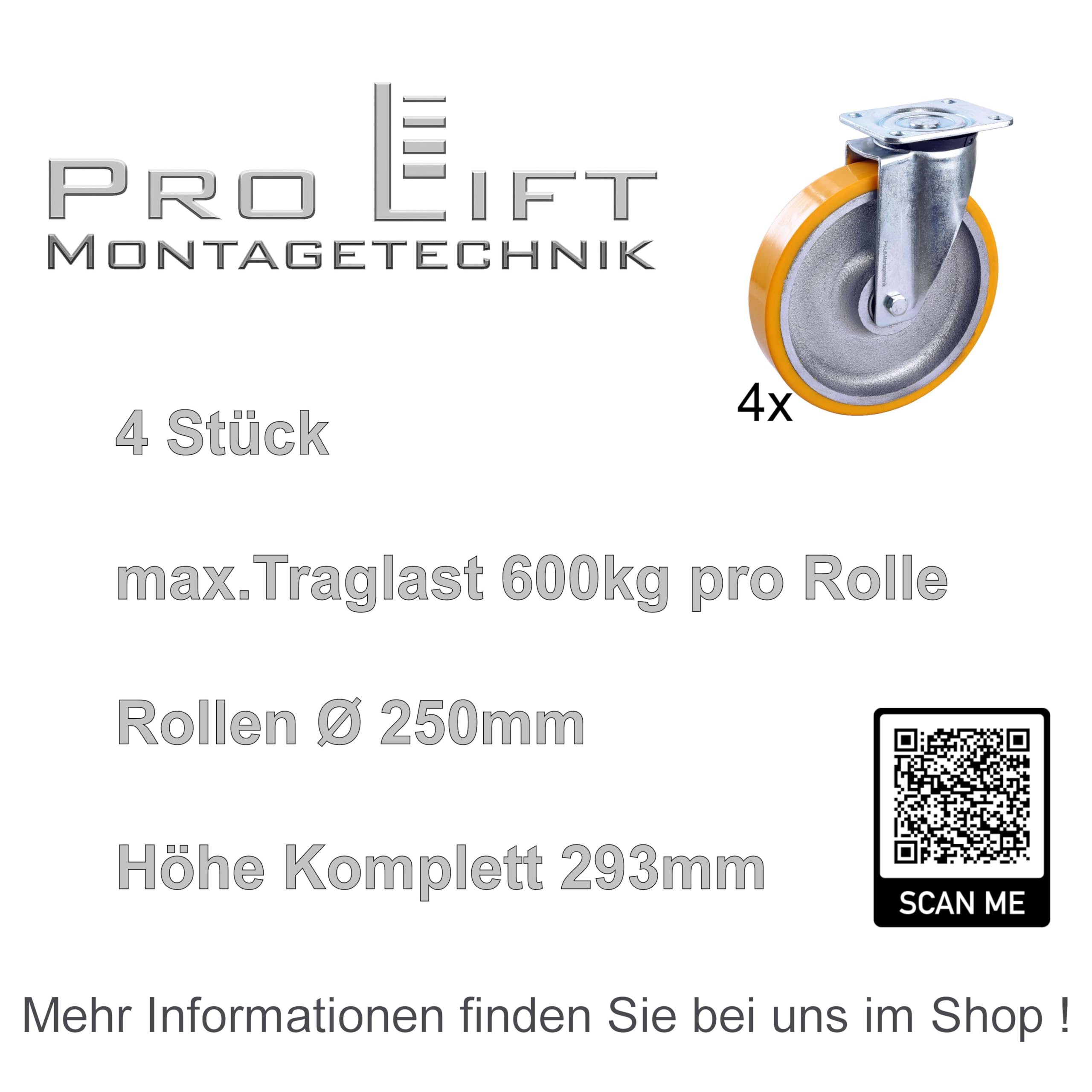 4 Stück: je 600 kg Lenkrollen, Ø 250 mm, PU-Rollenbelag, M, 01881