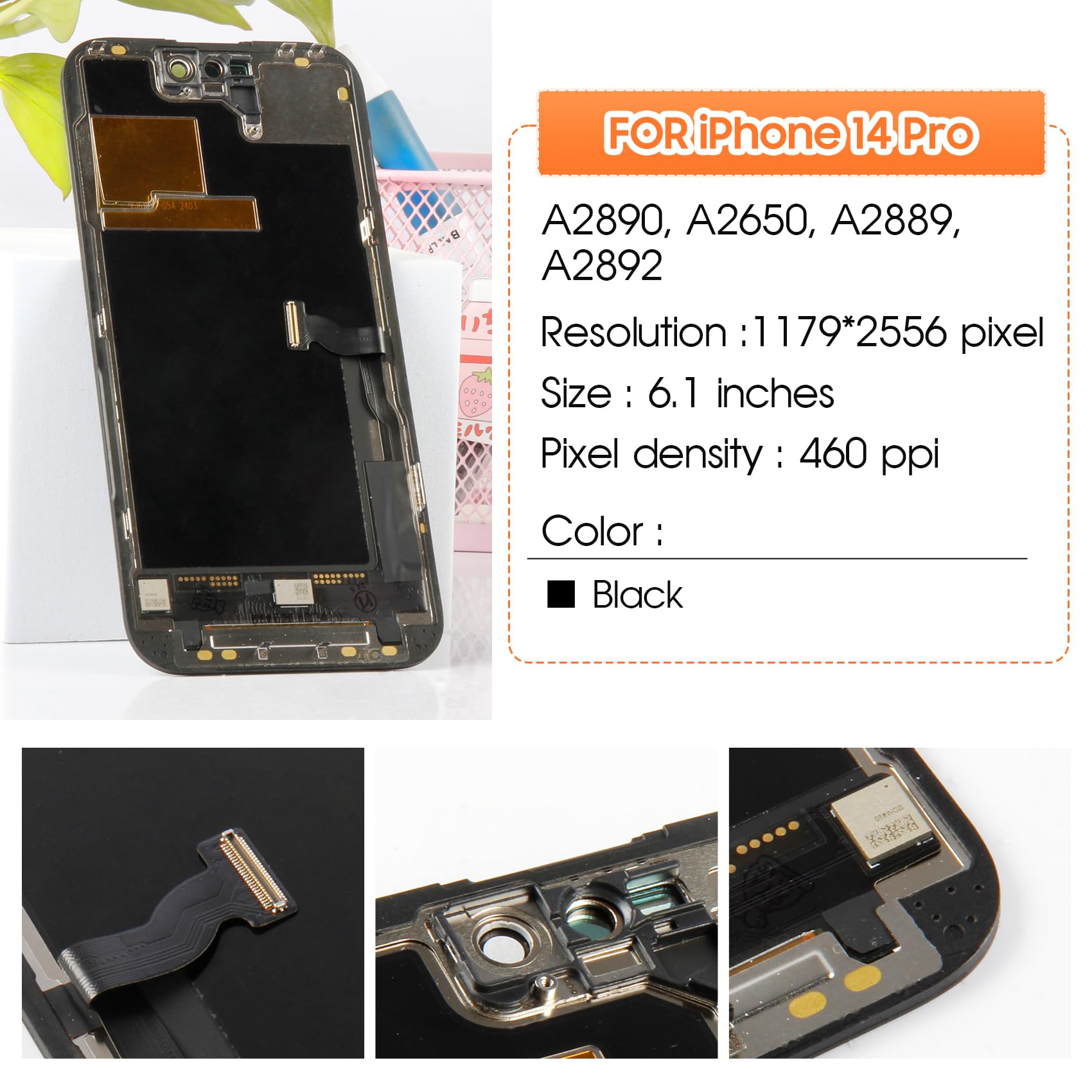 Display für iPhone 14 Pro LCD Ersatzbildschirm, Touch Digitizer Assembly (A2890, A2650, A2889, A2892, A2891) mit Reparatur-Werkzeug-Set