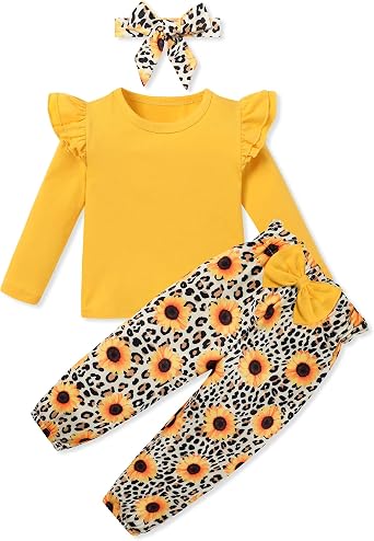 SANMIO Toddler Girl Clothes Outfits Cute Ruffle Sleeve Shirt Floral Pant+Headband 3Pcs Baby Girl Clothing Set 1-6T