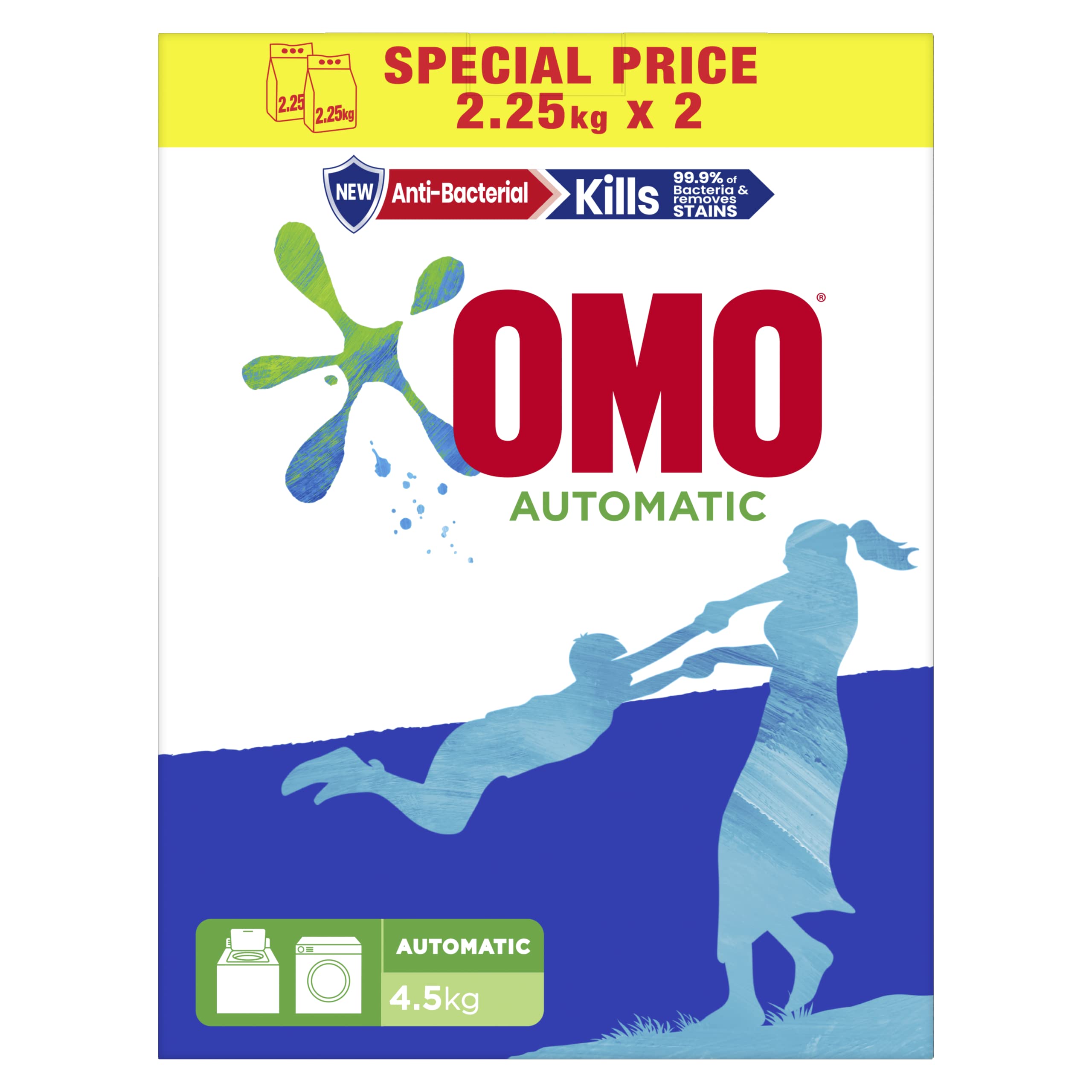 Omo Antibacterial Detergent Fabric Solution Wash, Laundry Active Powder Automatic For Top Load & Front Load Washing Machine, 2.25 Kg