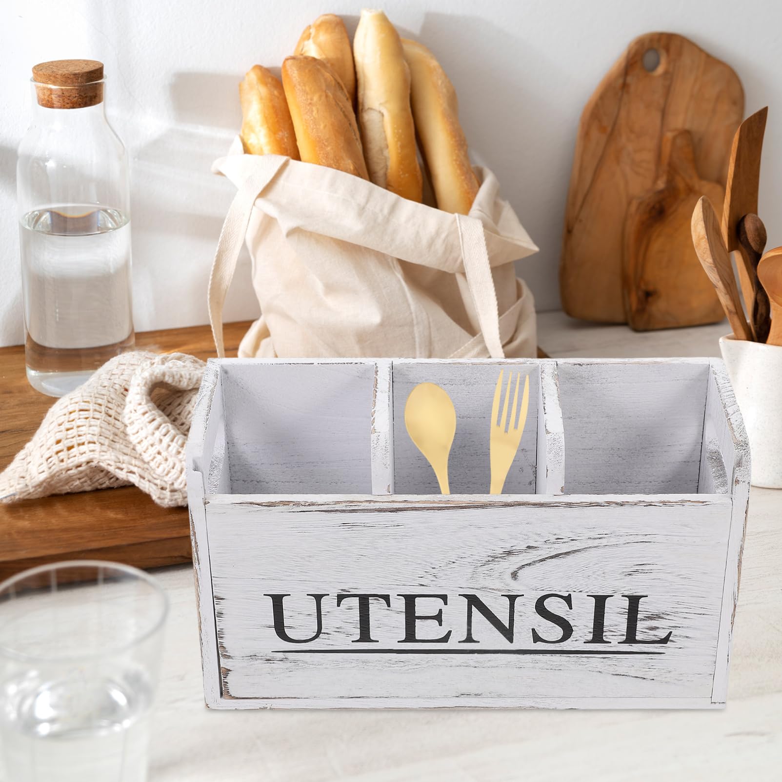 Healifty Porta Cubiertos Grande de Madera con Compartimentos Blanco Rústico | Organizador de Cubiertos para Mesa, Uso en Estudio y Escritorio, Diseño Multifuncional de Estilo Elegante