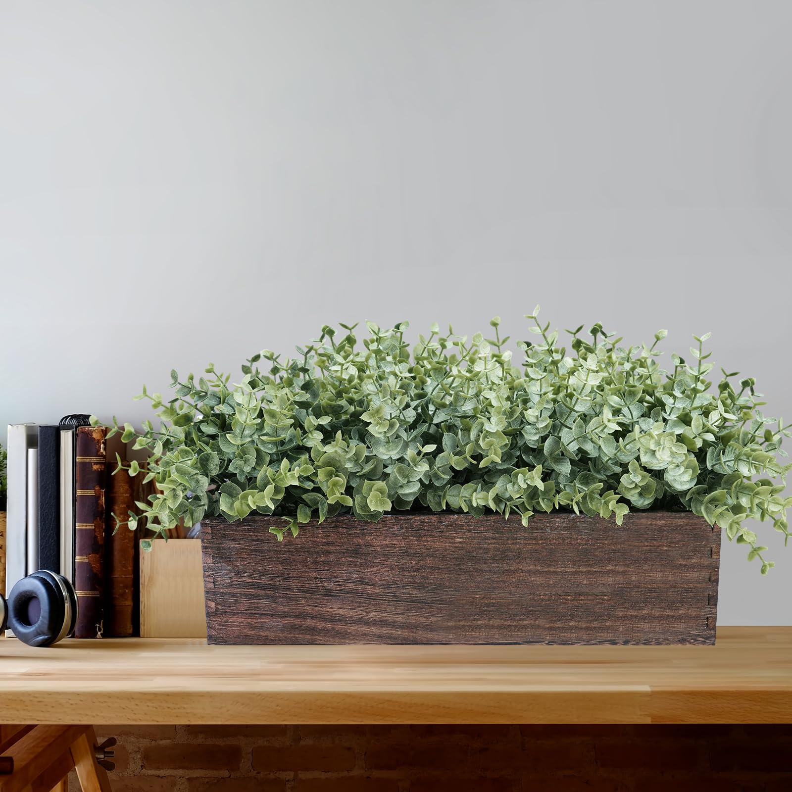 Eucalipto artificial de 14 pulgadas en maceta rectangular de madera, arreglo de plantas sintéticas, planta de eucalipto en maceta de madera para granja, boda, comedor, centro de mesa, 6