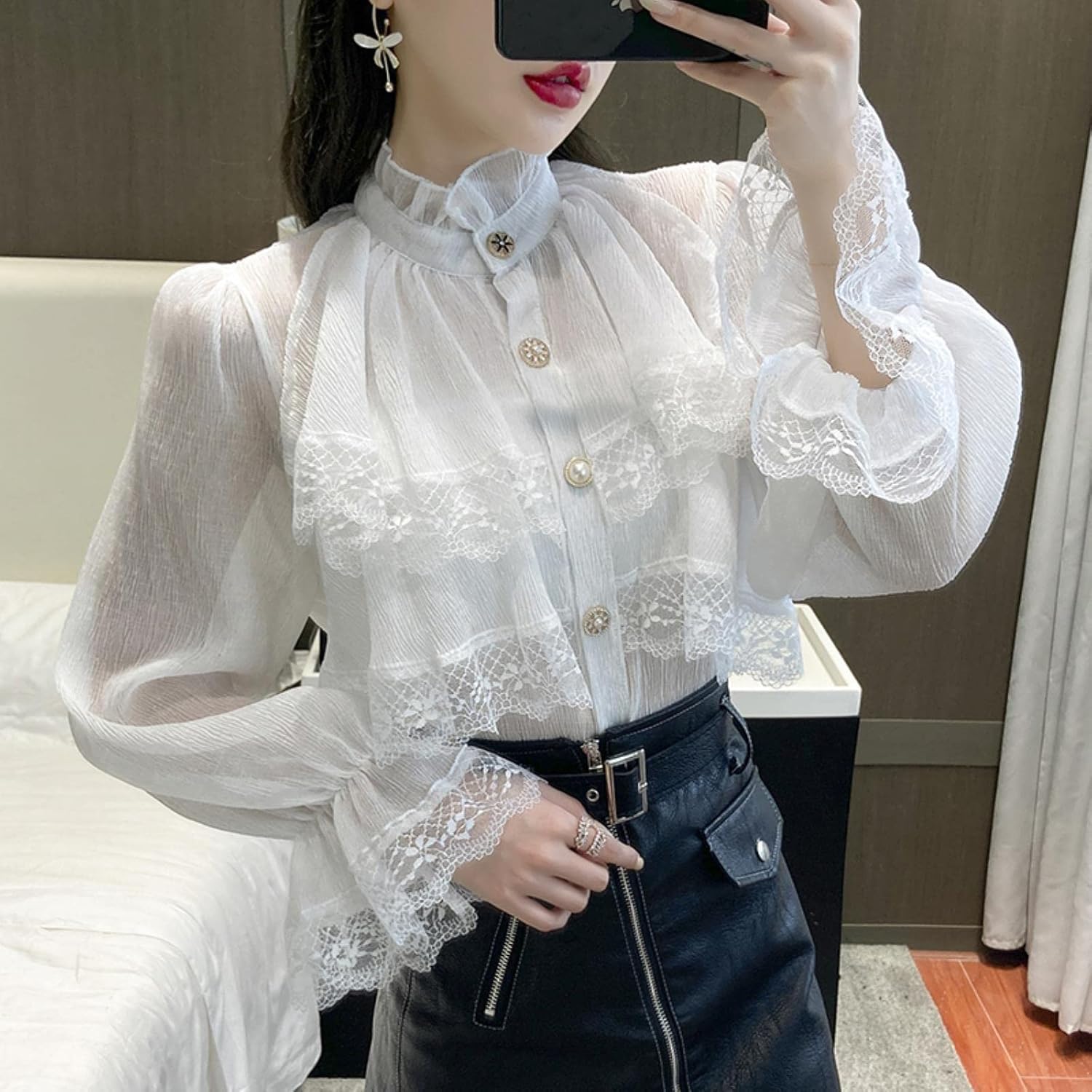 Weiß Viktorianisch Bluse Langarm Gothic Schnürkorsett Top Frauen Büro Renaissance Vintage Party Goth Rüschen Lolita Hemden, Apricot, M