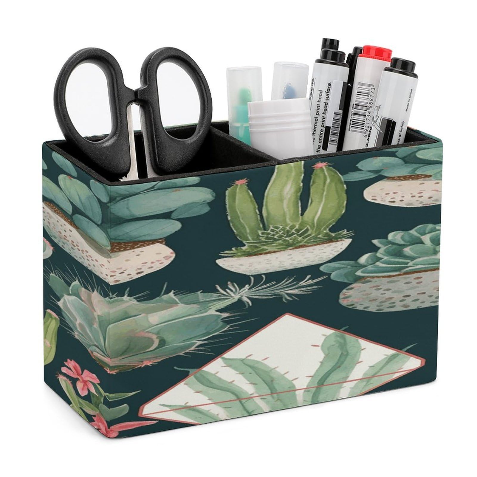 VstaDank Succulent Plants And Cactus Pen Holder Double Compartments Pen Cup Fashion Makeup Brush Holders Leather Pencil Holder for Work Locker Accessories Modern Pencil Cup for Desk Organizer