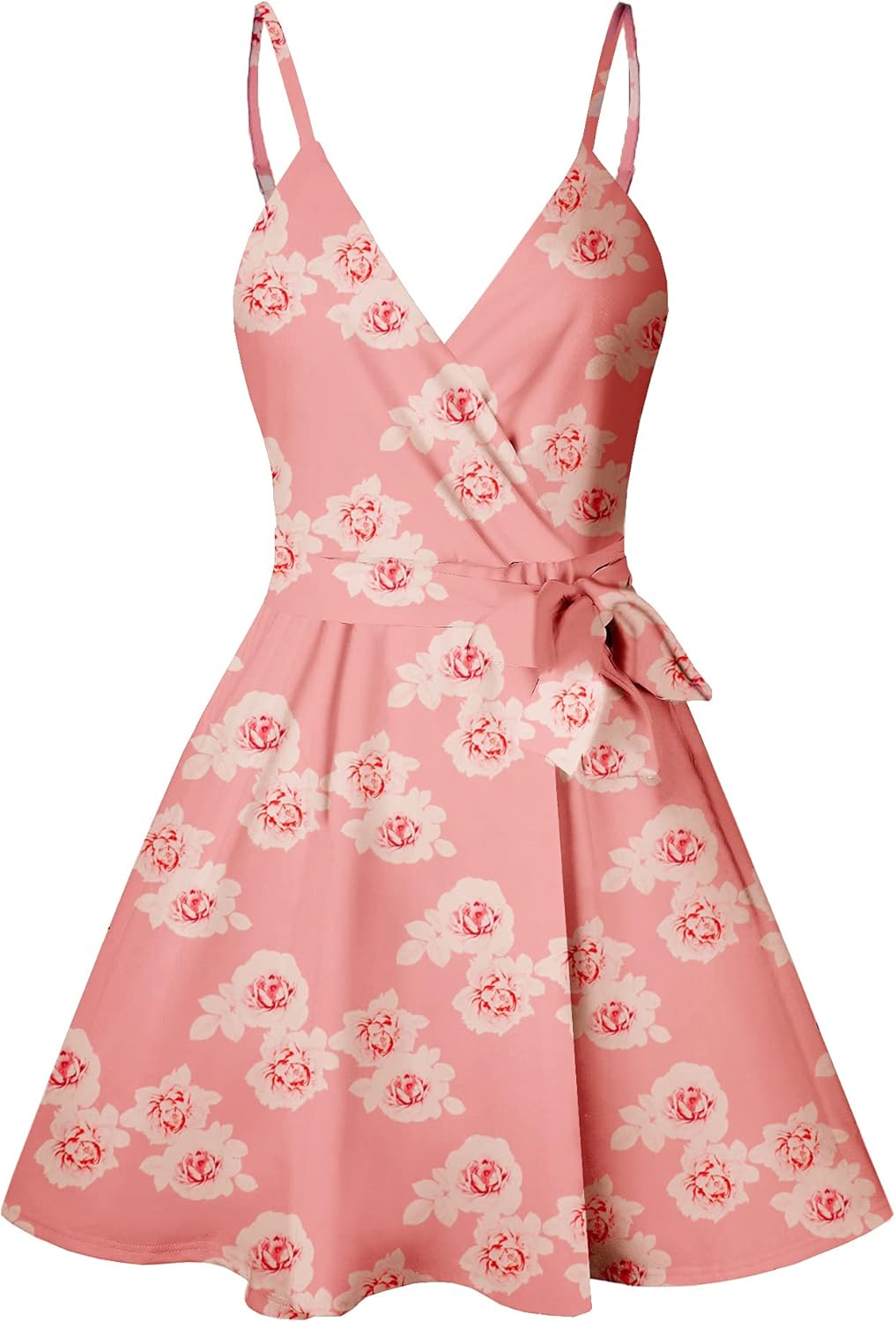 CASURESS Women Dress Summer V Neck Mini Floral Print Swing Dress Sleeveless Spaghetti Strap Skater Dresses with Belt - Image 4