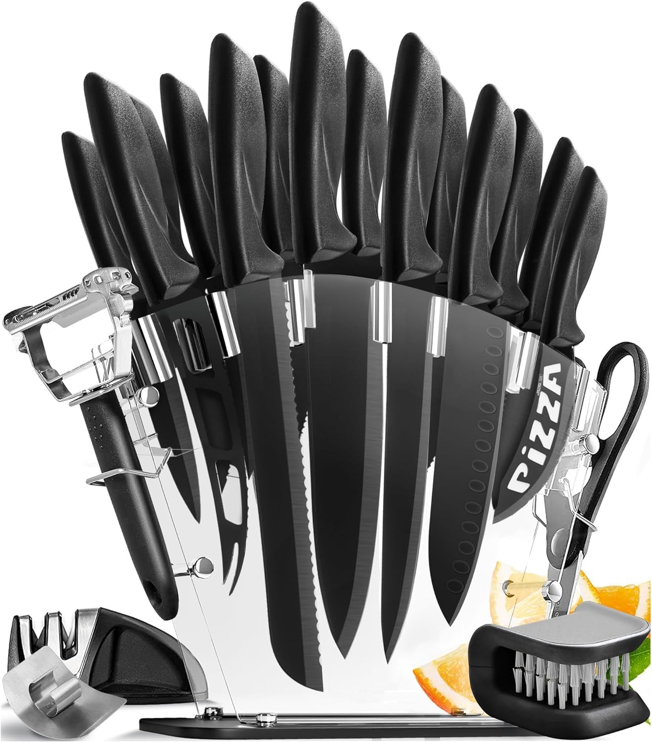Kitchen Knife Set, 20 Pcs Kitchen Knives with Knife Block, Stainless Steel Knife Set, Premium Chef Knife, with 6 Steak Knives, Sharpener, Peeler, Poultry Shears, Pizza Knife, Acrylic Knife Hold