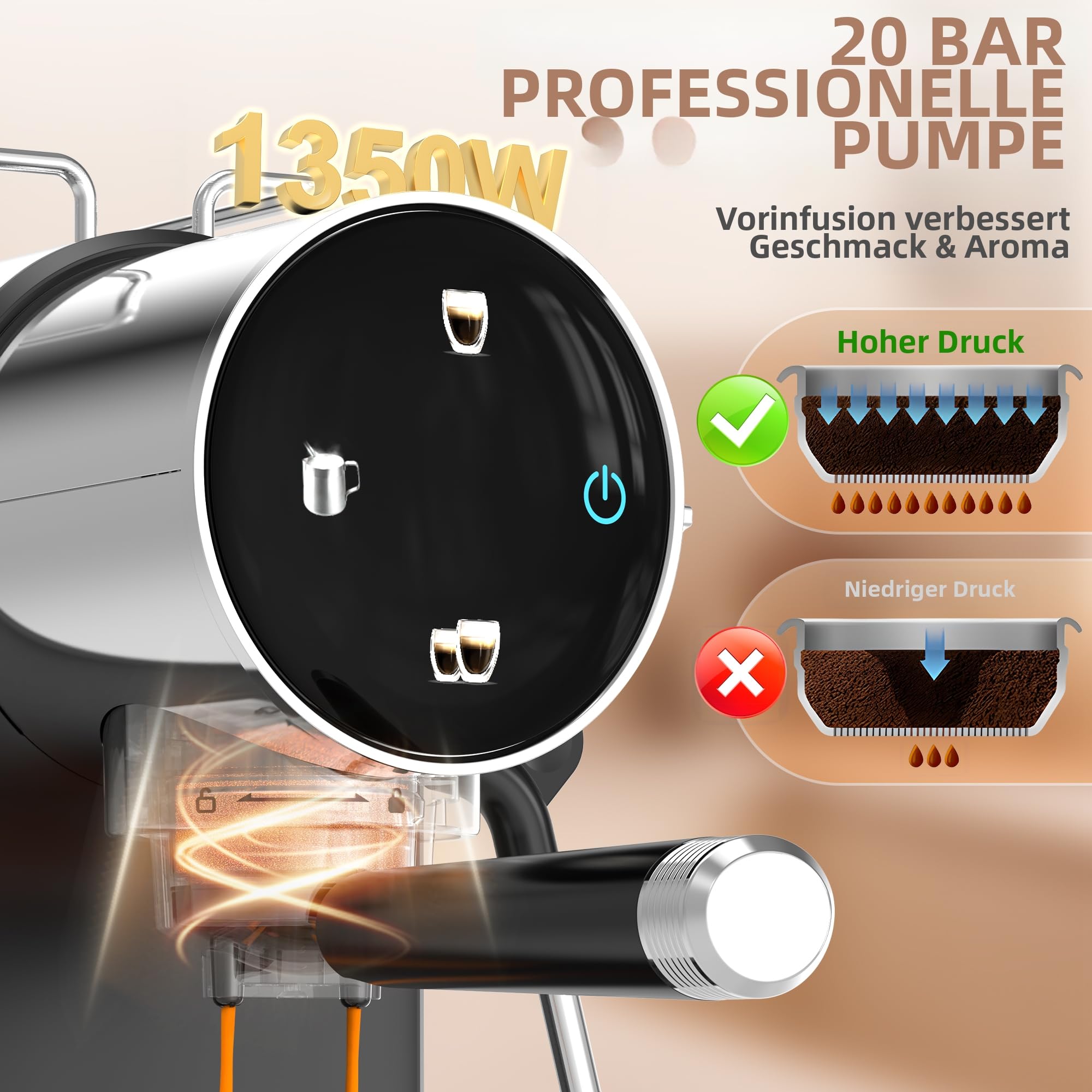 Ollygrin 20 Bar Espressomaschine mit Milchaufschäumer - Für Einzel- und Doppelshots, mit entnehmbarem Wassertank, Vorinfusion für cremigen Genuss - Ideal für Haushalt und Büro