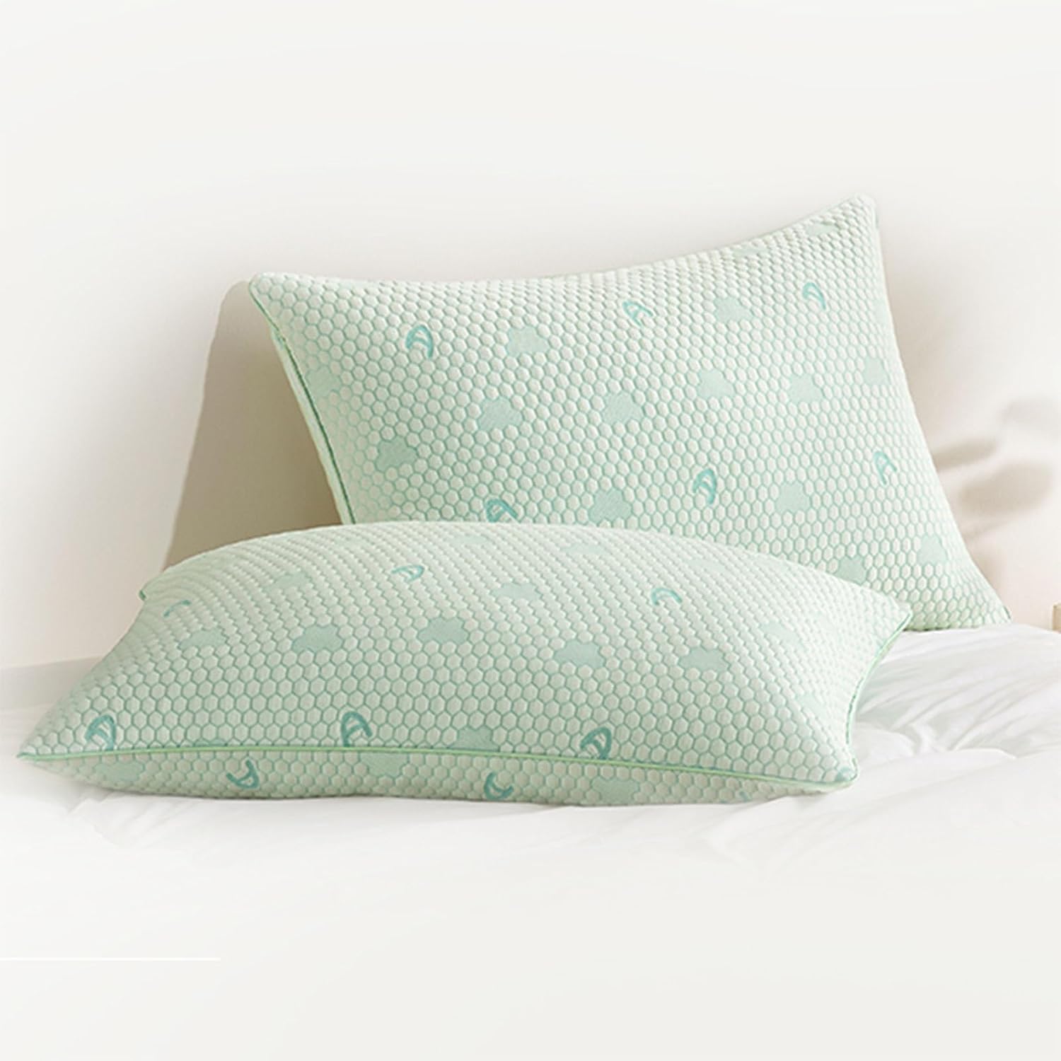 ACCURATEX Cooling Memory Foam Pillows for Sleeping Queen Size Set of 2, Adjustable Fluffy Pillows with Removable Cover, Cool Bed Pillow for Side Back Stomach Sleepers, Machine Washable, Green