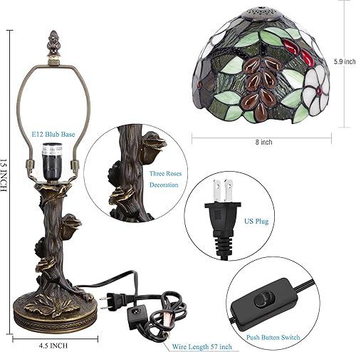 Miniatura 6 de Pequeña lámpara de mesa Tiffany Lámpara de vitral, estilo uva marrón, luz de mesita de noche, mini lámpara de memoria de escritorio de acento, 8 x