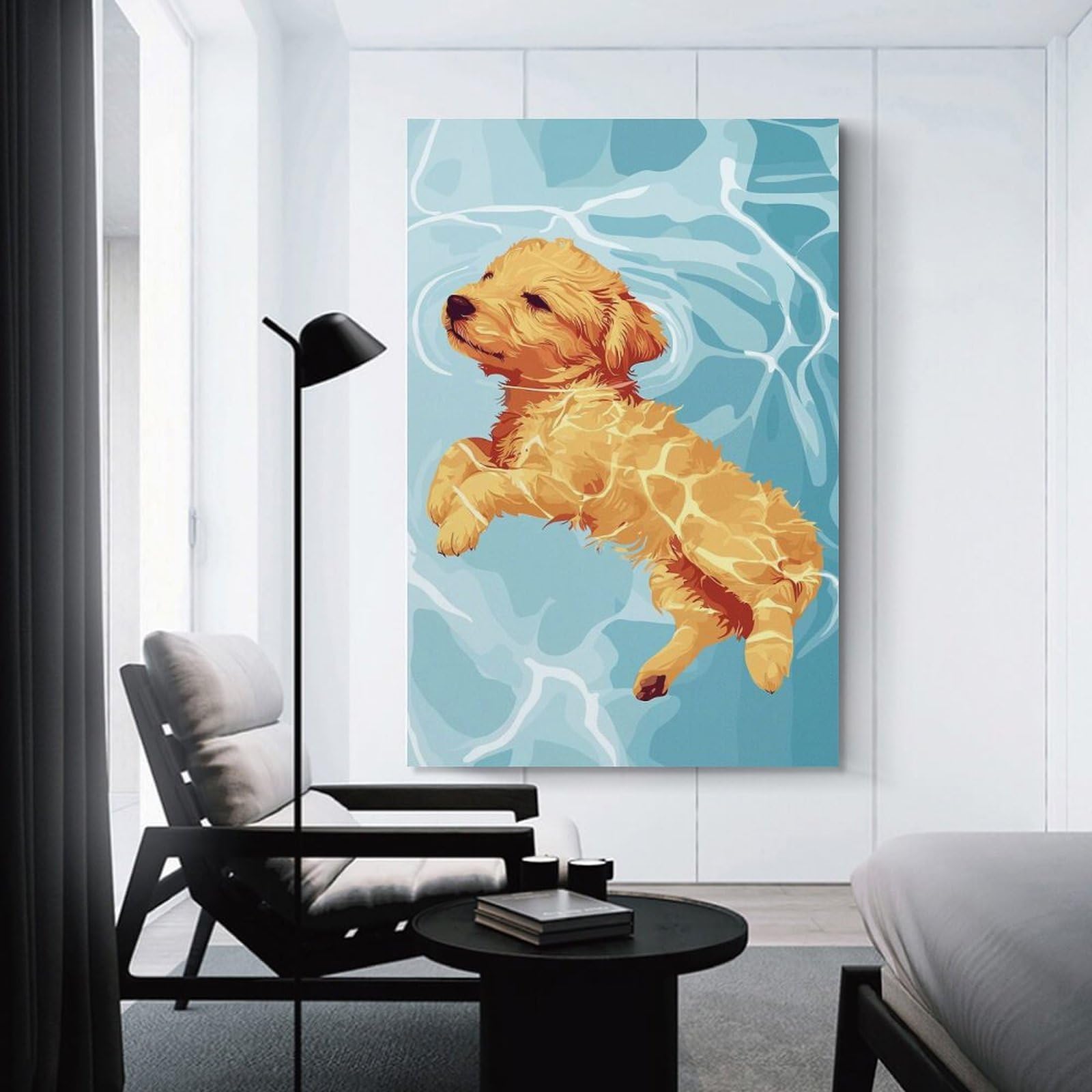 Junmoney Golden Retriever Puppy Swimming Home Decor Wall Art, 24x36inch(60x90cm), for Home Walls, Creative Rooms Or Shared Spaces, An Adaptable Decor Piece for Home Use