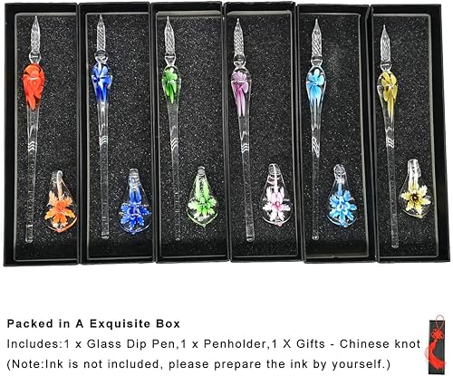 Miniatura 2 de 1 juego de bolígrafos de inmersión de cristal, vintage, hecho a mano, elegante, floral, cristal, tinta, con caja exquisita, azul profundo