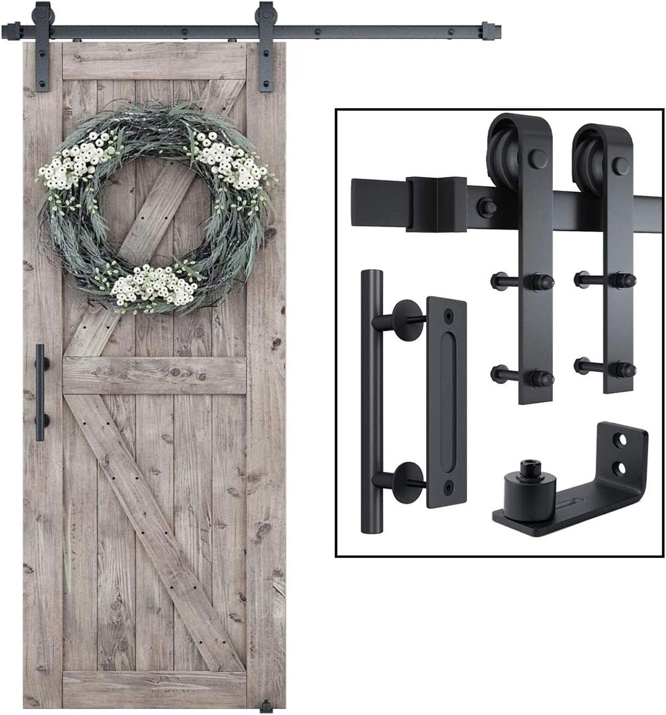 SMARTSTANDARD 5FT Sliding Barn Door Hardware Whole Kit (Include 5ft Track Kit & Pull Handle Set & Floor Guide), Smoothly and Quietly, Easy to Install, Fit 30" Wide Door Panel (J Shape)
