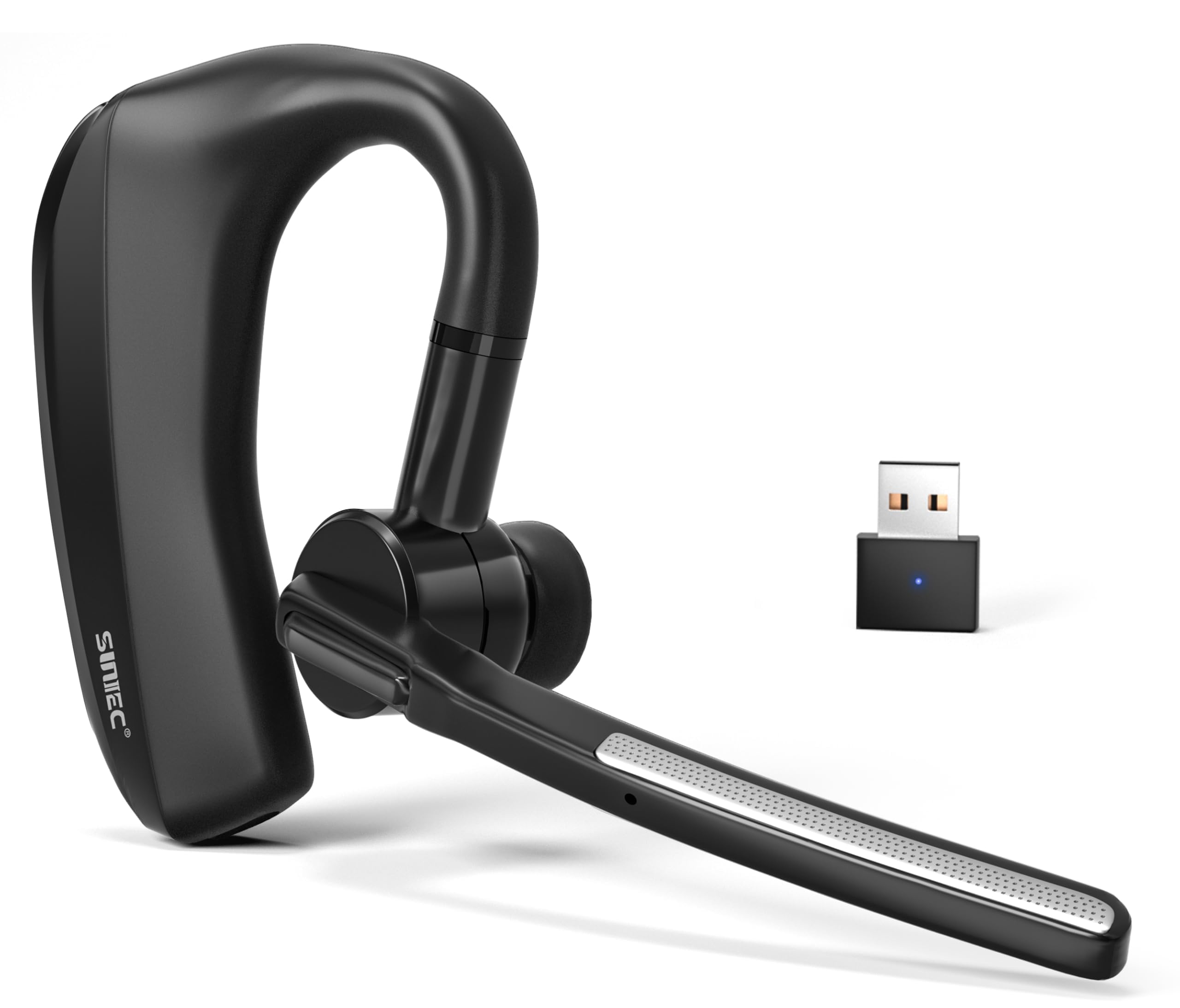 SUNITEC Bluetooth Single Ear Headset with Mic, Dual Microphone Wireless Headset with Dongle Compatible to Connect to Your PC Mac Works with Teams,