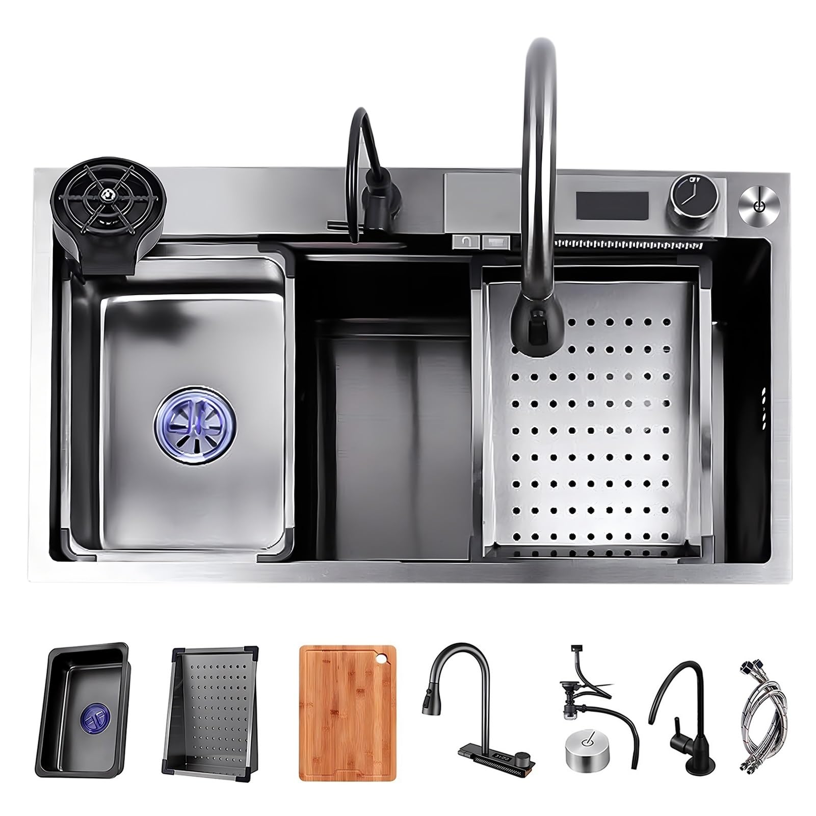 WIQUYBML 304 Stainless Steel Sink Waterfall Home Nano Vegetable Basin Kitchen with Pull-Out Faucet
