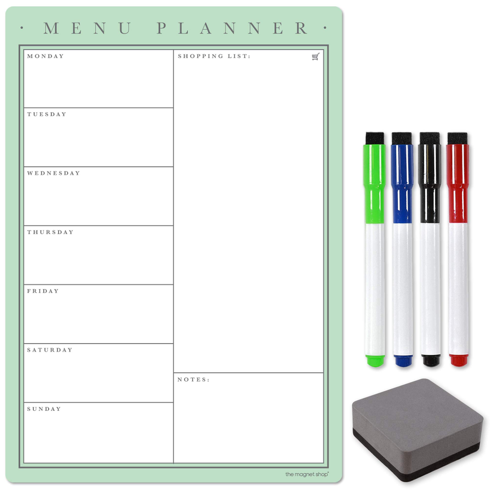 The Magnet Shop Magnetic A3 Weekly Meal Planner – Customisable Whiteboard Planner, Menu, Shopping List and Wall Organiser - with 4 Dry Erase Pens and Eraser (Pistachio, A3)