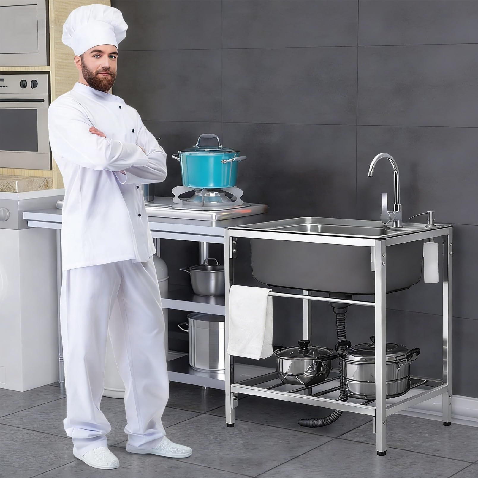 Évier de Cuisine Professionnel en Acier Inoxydable à Une cuve, modèle autoportant avec Robinet d'eau Chaude et Froide, pour buanderie extérieure, Bar ou Restaurant.