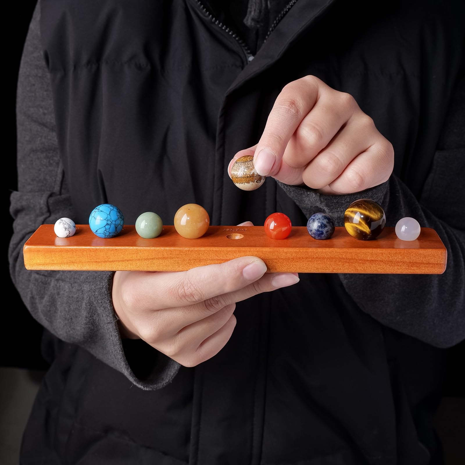 Runyangshi Nine Planets Crystal Ball Set in Display Case - Natural Stone Solar System Model with Black Foam Liner, Space & Astronomy Decor Collection