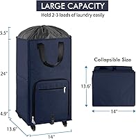 Vista 3 de Bukere Cesta de lavandería grande con ruedas, 4 ruedas y 2 asas, bolsa de lavandería con ruedas plegable independiente para ropa, apartamento