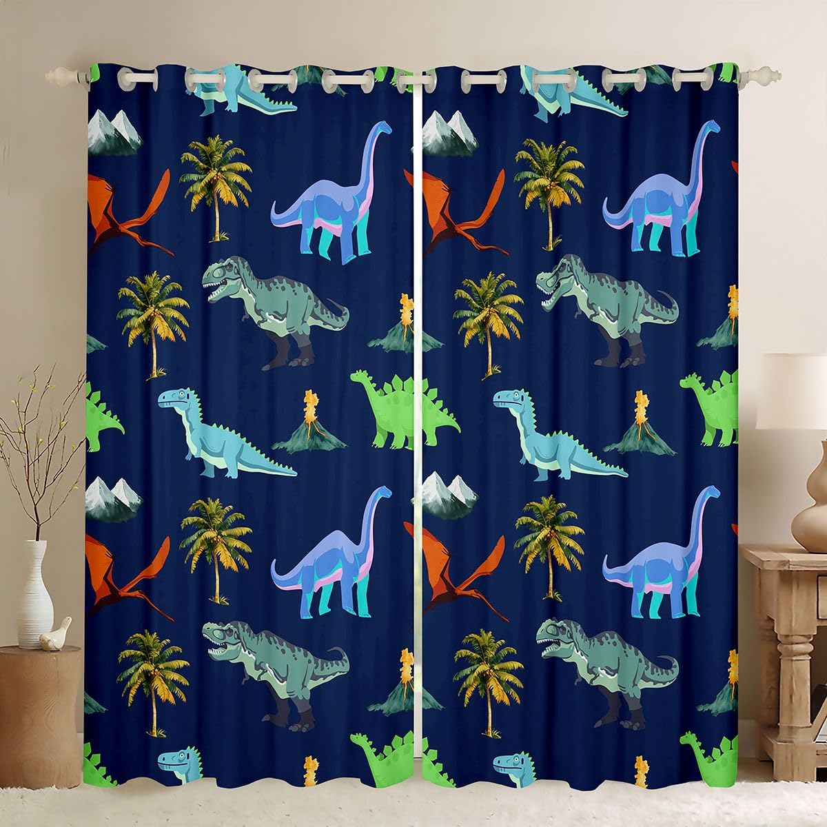 Homewish Rideau Occultant 117x183 cm Dinosaur,Rideau Enfants Adolescents Adults Mignon Coloré Dinosaur,Rideaux Voilage Tropical Palm Trees,Voilage Fenetre Jungle Animal pour Chambre Salon