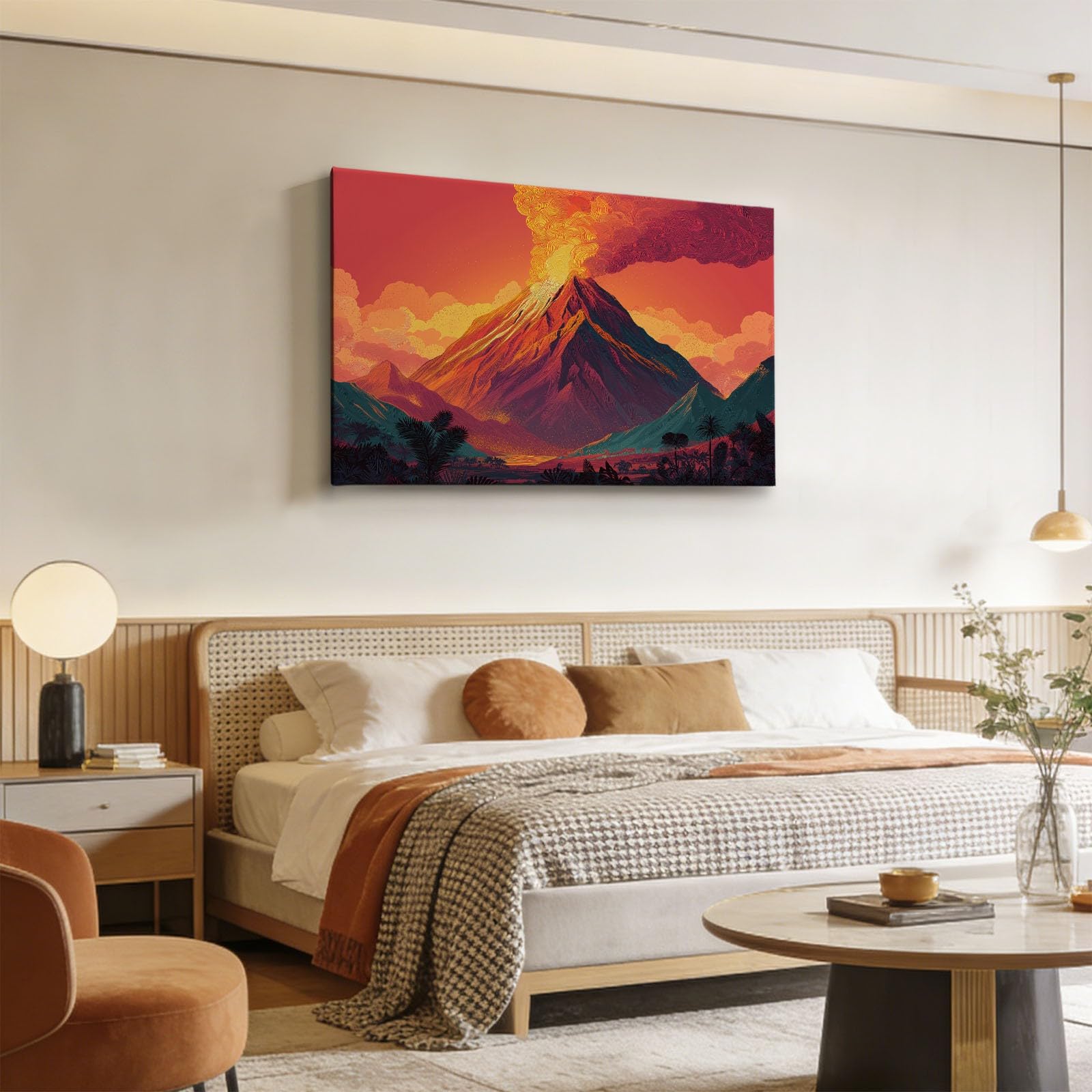 Generisch Berge Botanisch Vulkan Rauch Wellen Modernes Leinwandbild 100L x 75B cm mit Rahmen, Anime XXL Wanddeko für Wohnzimmer Geschenk Idee Einzug - Hochwertiger Kunstdruck auf Holzrahmen