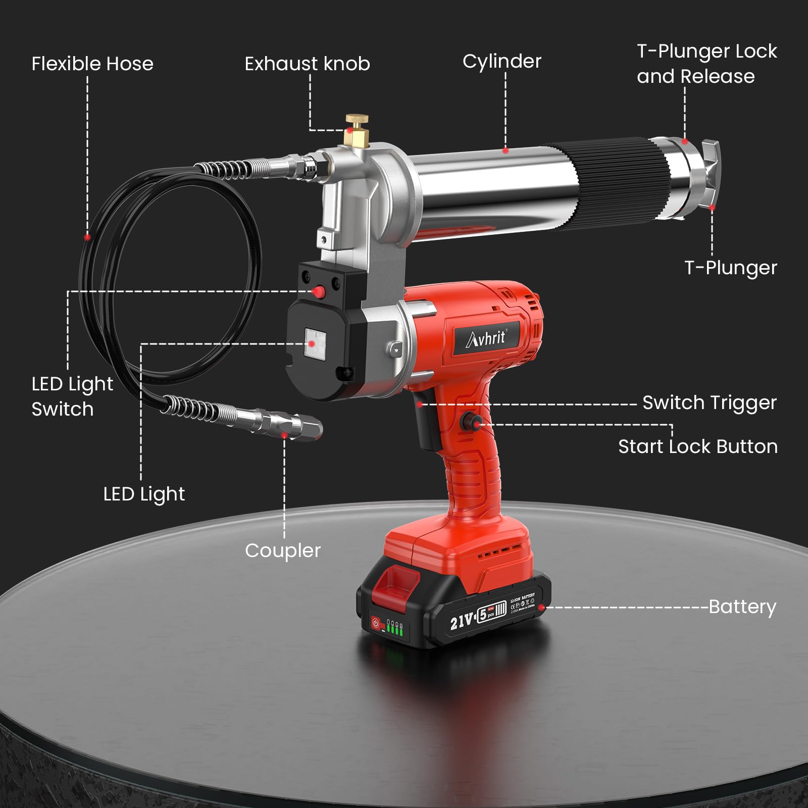 Engrasadora Bateria 10.000 PSI, 5 oz/min, Manos Libres, Pistola de Engrasar con 2 x 2000mAh Baterías, 39.4" Manguera Larga, 3 Diferentes Acopladores, para Engrasar Equipo Pesado