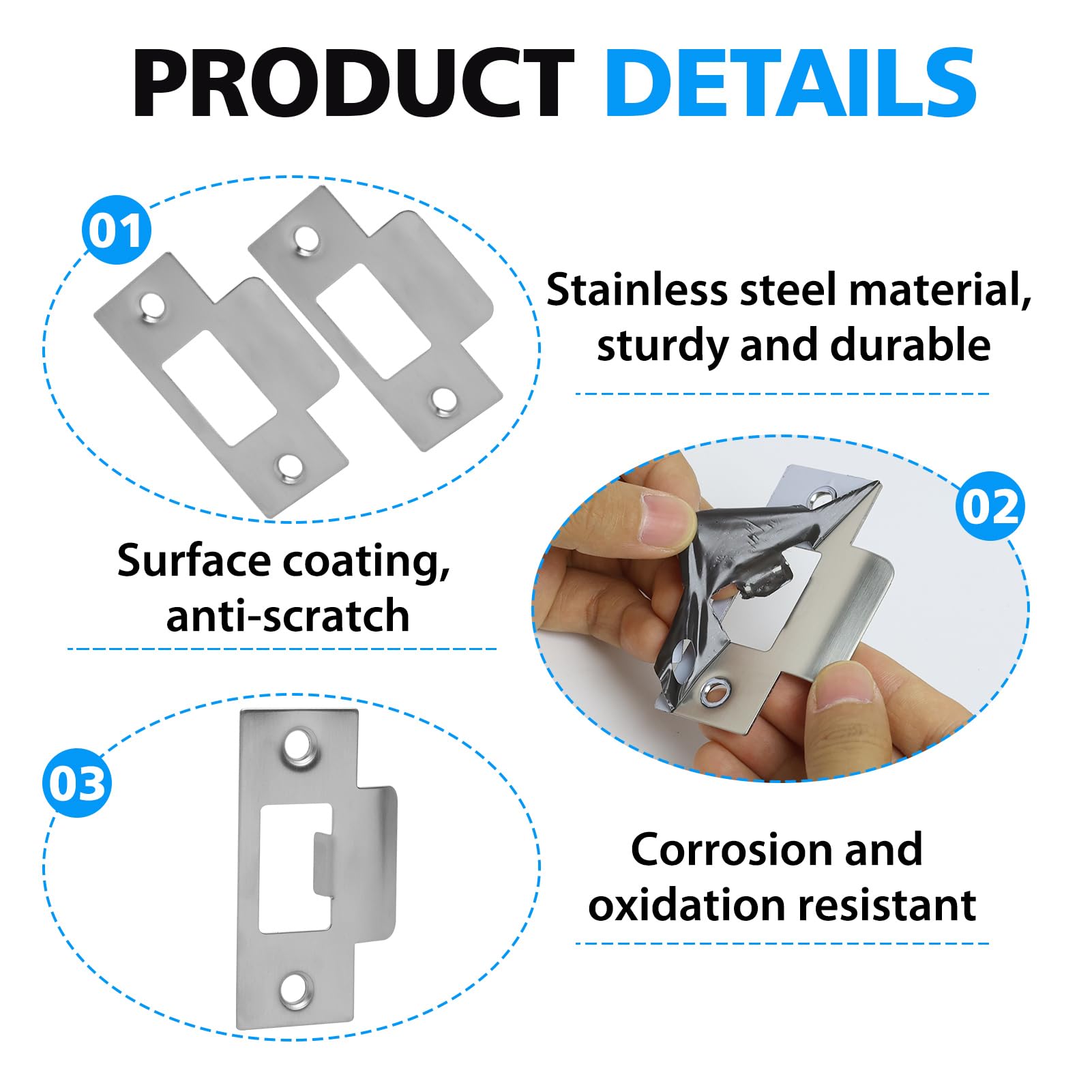 Door Strike Plate for Internal Doors 2Pcs Door Latch Plate with 4Pcs Matching Screws Stainless Steel 70*40.3mm Door Latches for Mortice Lock Tubular Latch Door Frame Door Jamb Reinforcement (Silver) - Image 3